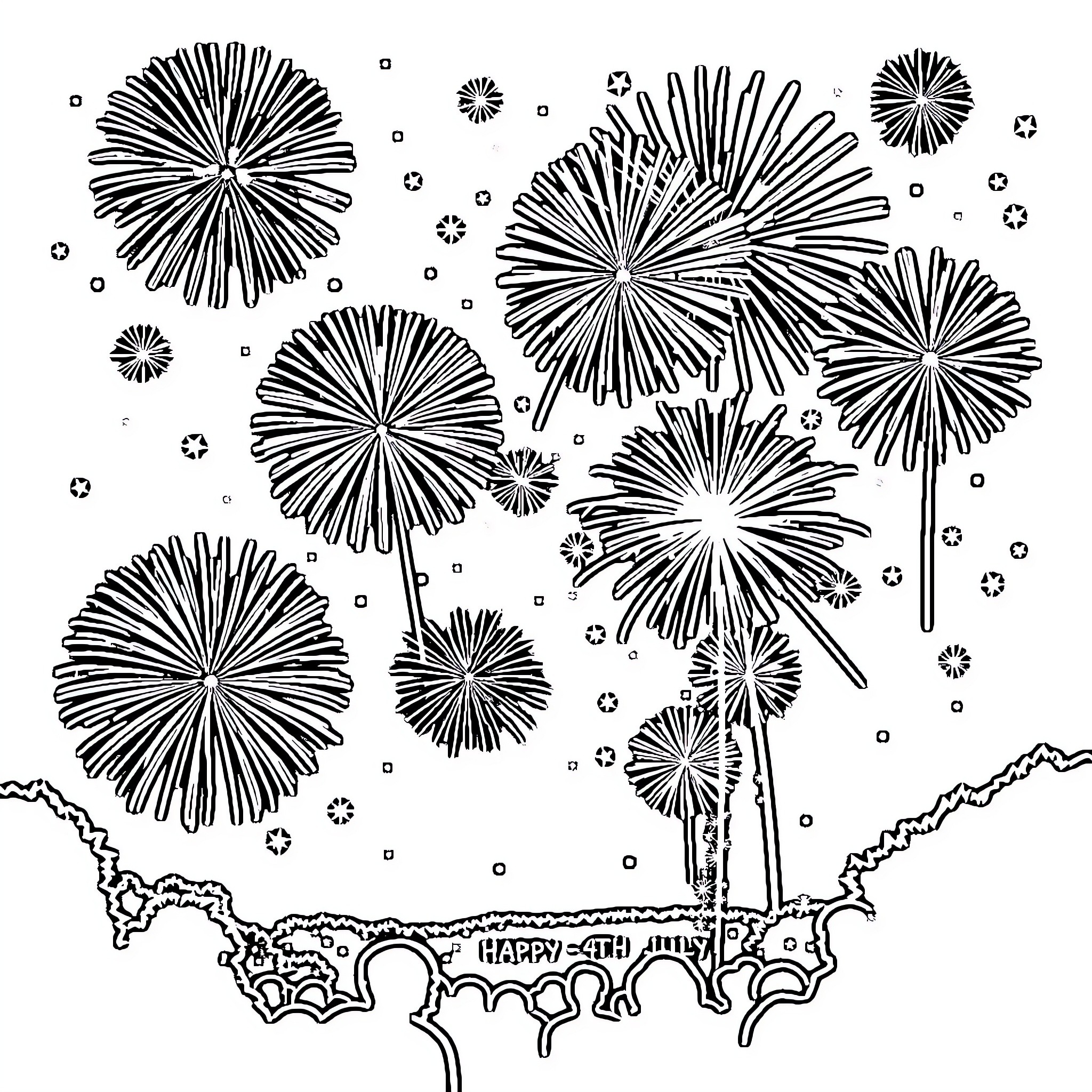 4th Of July Fireworks Celebration Coloring Page (free black-and-white line drawing printable PDF for all, from beginners to advanced learners, including children, teens, adults, and seniors)