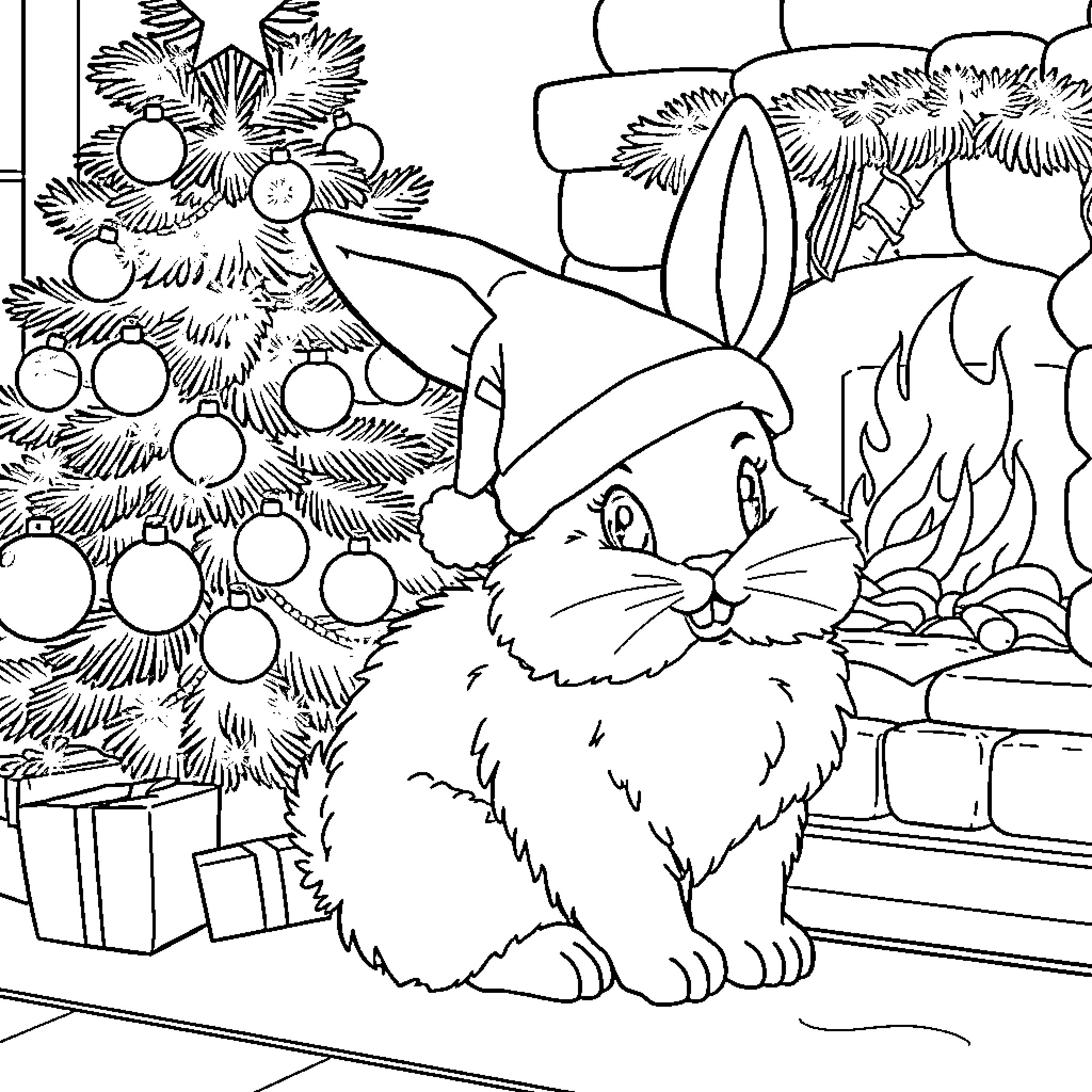 Bunny admiring a festive Christmas tree Coloring Page (free black-and-white line drawing printable PDF for all, from beginners to advanced learners, including children, teens, adults, and seniors)