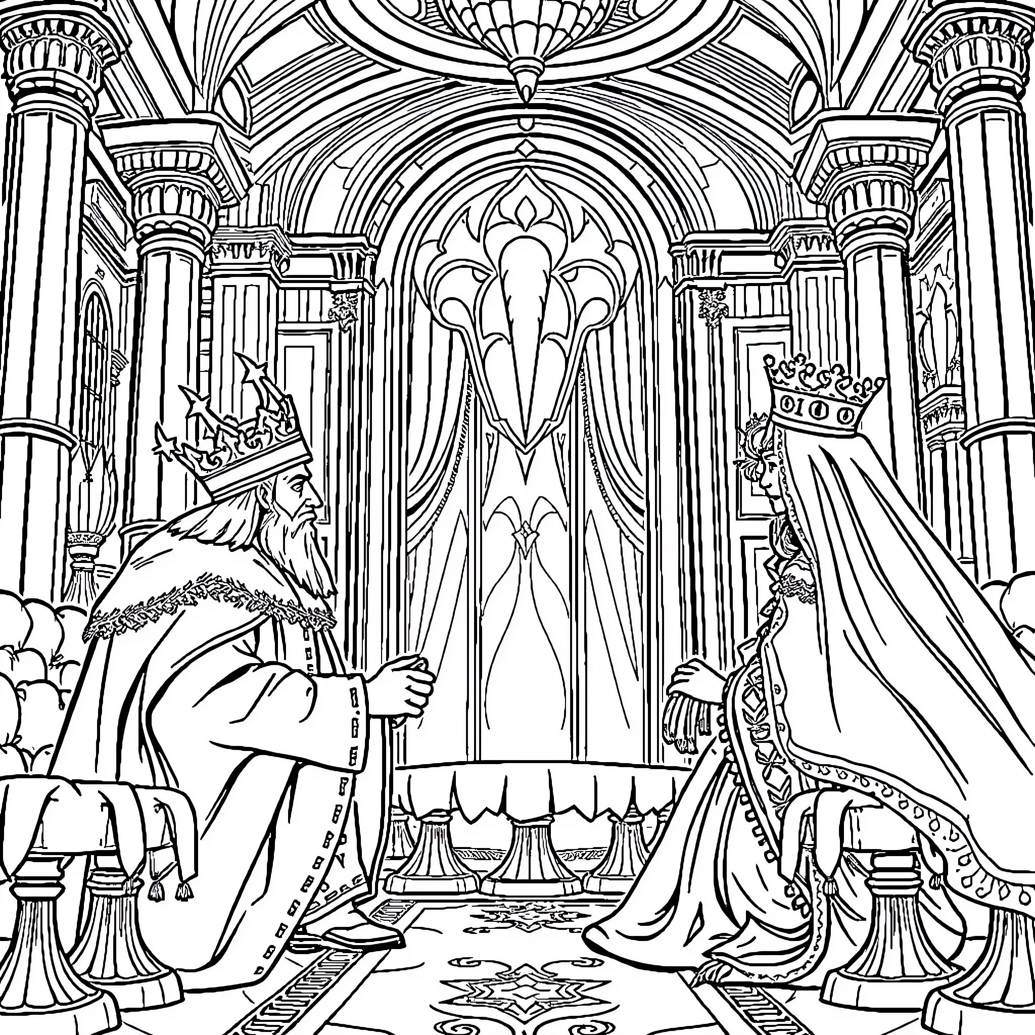King and Queen in Majestic Royal Palace Coloring Page (free black-and-white line drawing printable PDF for all, from beginners to advanced learners, including children, teens, adults, and seniors)