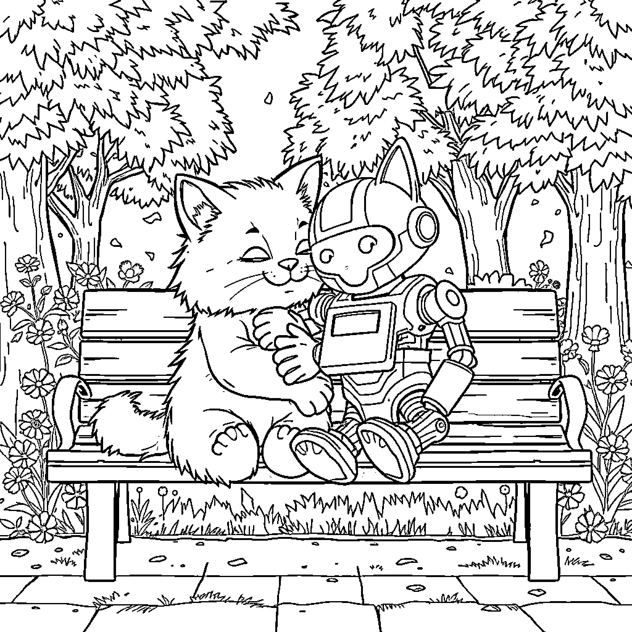 Cat and Robot Relaxing in the Park Coloring Page (free black-and-white line drawing printable PDF for all, from beginners to advanced learners, including children, teens, adults, and seniors)