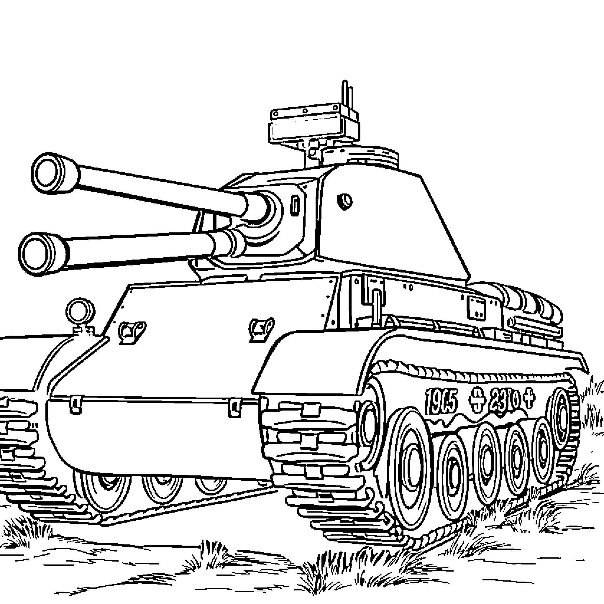 Tank with weaponry on the battlefield Coloring Page (free black-and-white line drawing printable PDF for all, from beginners to advanced learners, including children, teens, adults, and seniors)