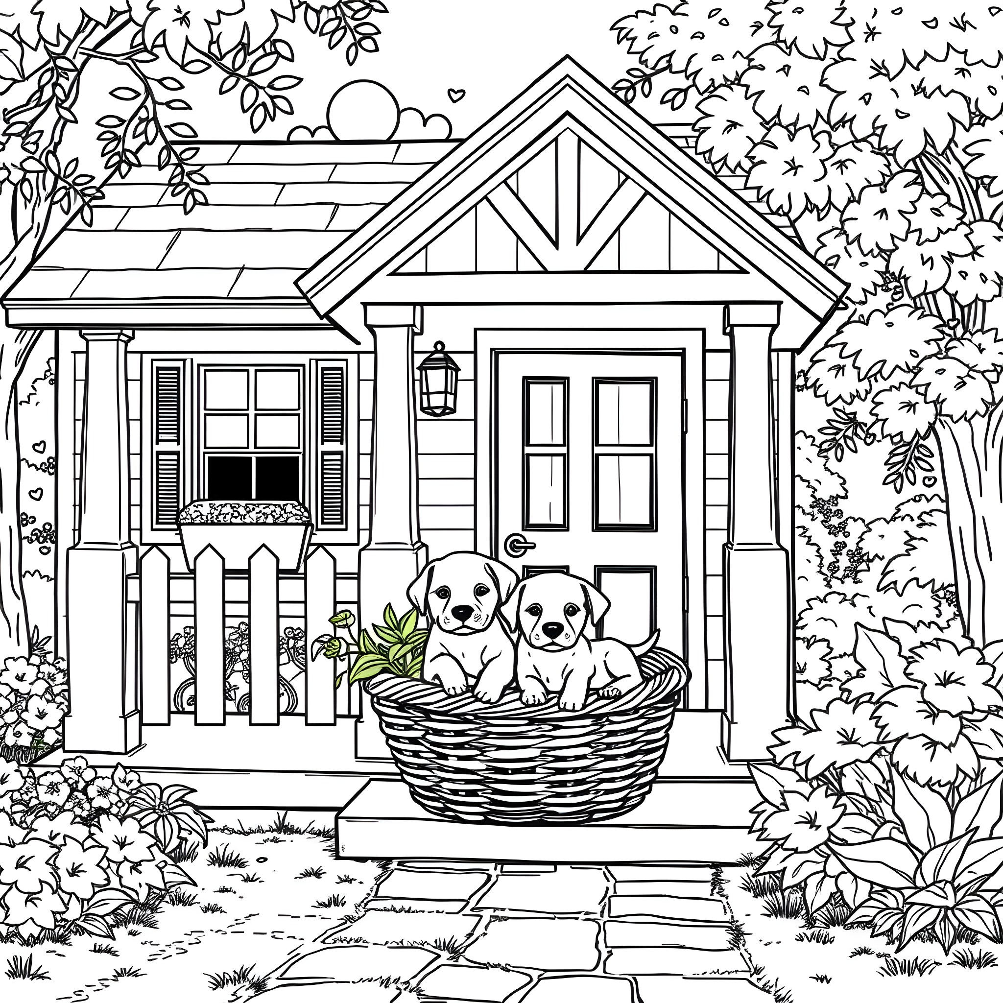 Puppy playing outside a cozy cottage Coloring Page (free black-and-white line drawing printable PDF for all, from beginners to advanced learners, including children, teens, adults, and seniors)