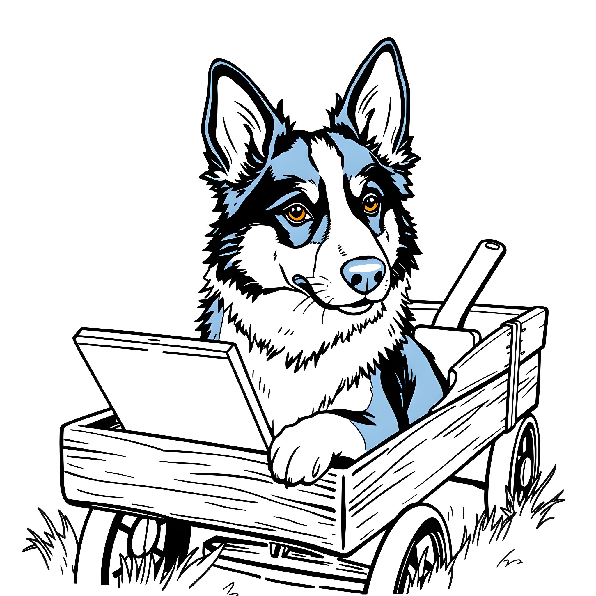 Dog riding in a cart with enthusiasm Coloring Page (free black-and-white line drawing printable PDF for all, from beginners to advanced learners, including children, teens, adults, and seniors)
