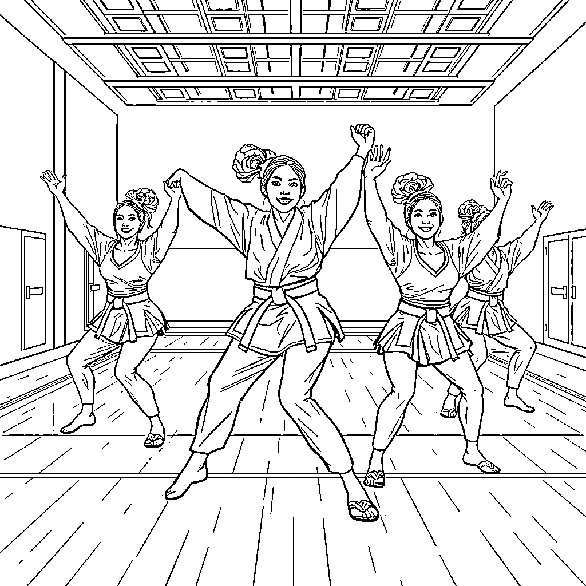 Cheerleaders performing energetic dance routine Coloring Page (free black-and-white line drawing printable PDF for all, from beginners to advanced learners, including children, teens, adults, and seniors)