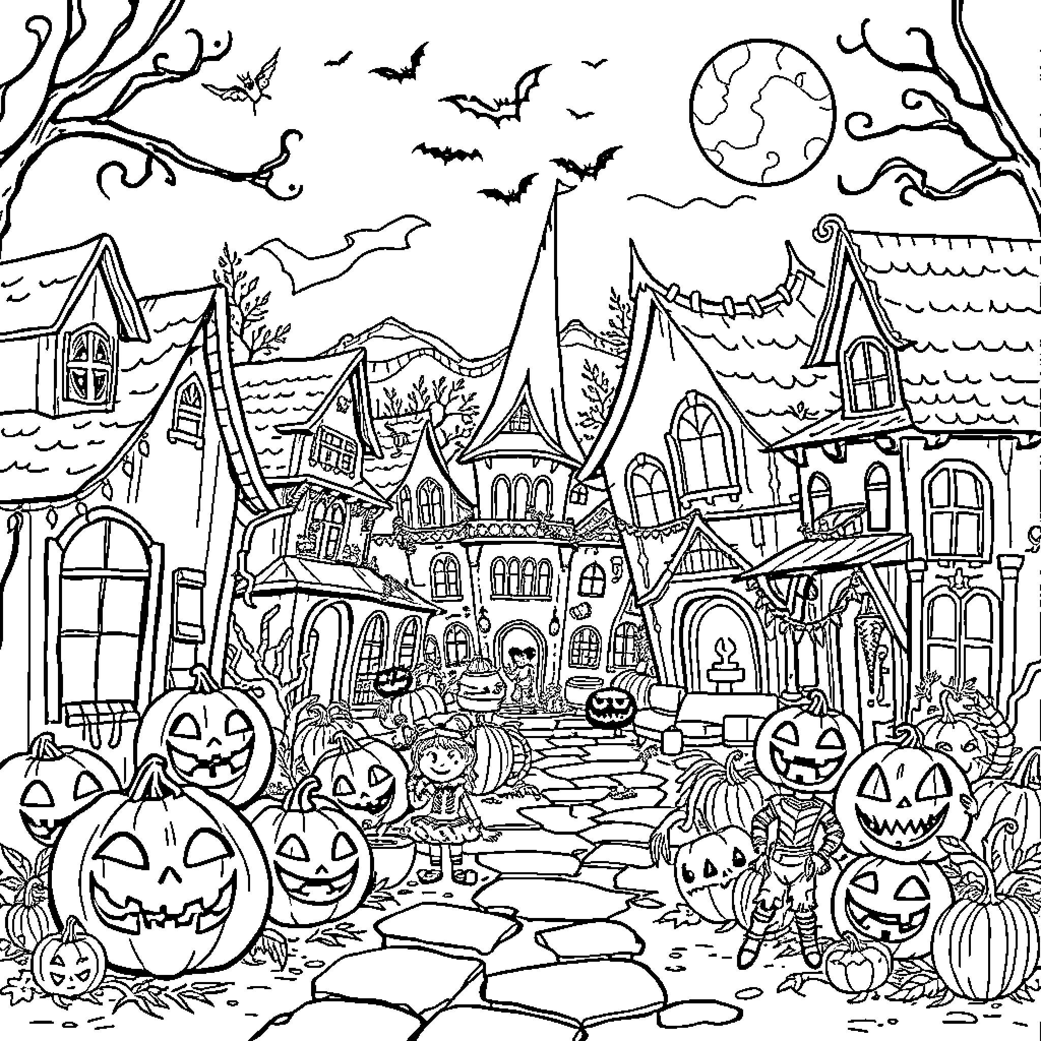 Halloween Spooky Town with Pumpkins and Trick-or-Treaters Coloring Page (free black-and-white line drawing printable PDF for all, from beginners to advanced learners, including children, teens, adults, and seniors)