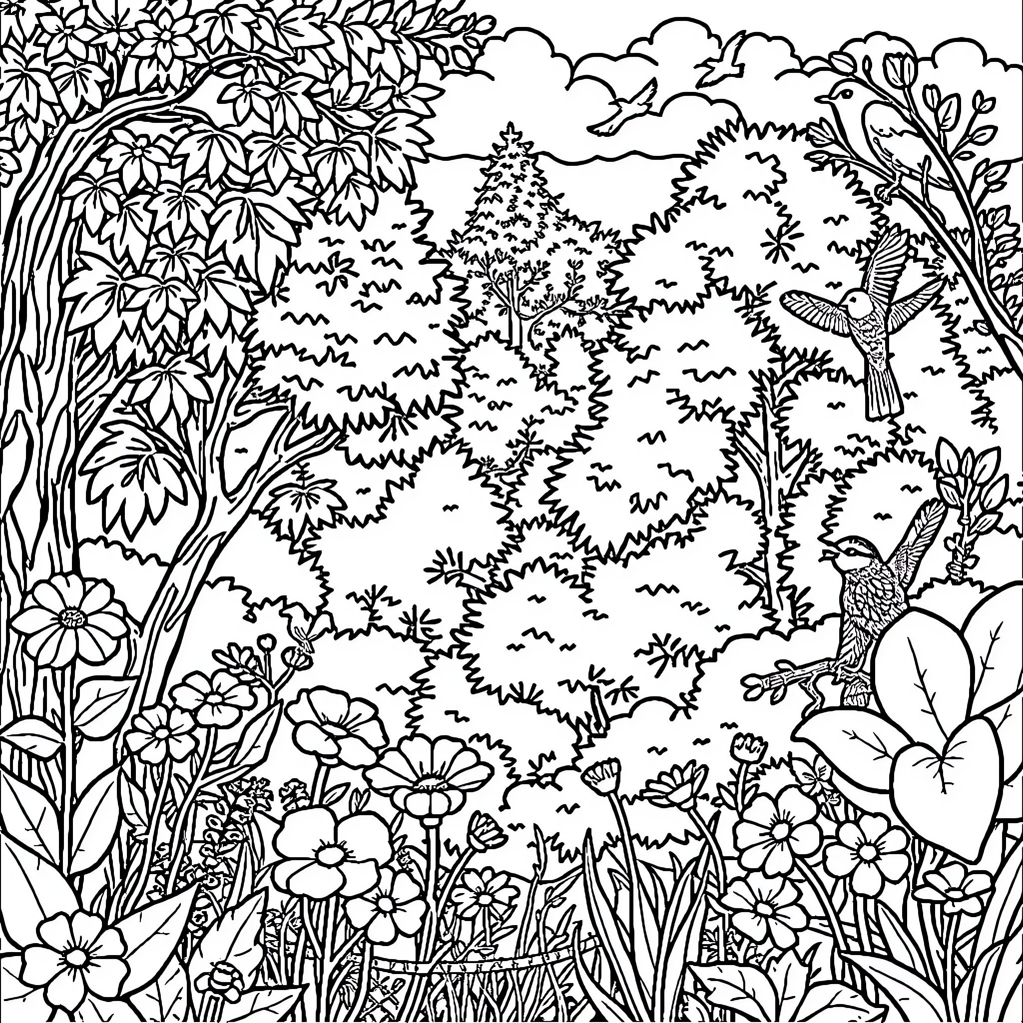 Nature's Vibrant Wilderness: A Detailed Botanical Scene Coloring Page (free black-and-white line drawing printable PDF for all, from beginners to advanced learners, including children, teens, adults, and seniors)