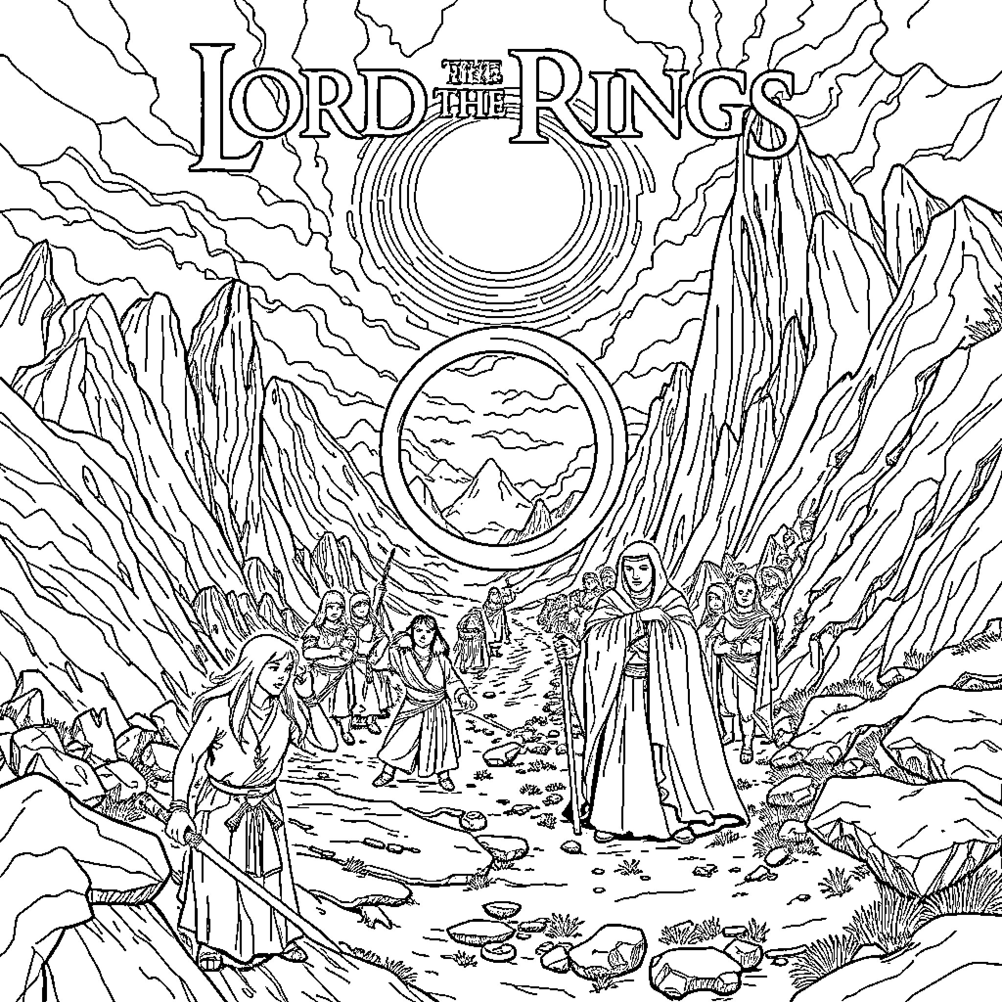 Lord of the Rings: Fellowship's Journey Through Middle-earth Coloring Page (free black-and-white line drawing printable PDF for all, from beginners to advanced learners, including children, teens, adults, and seniors)