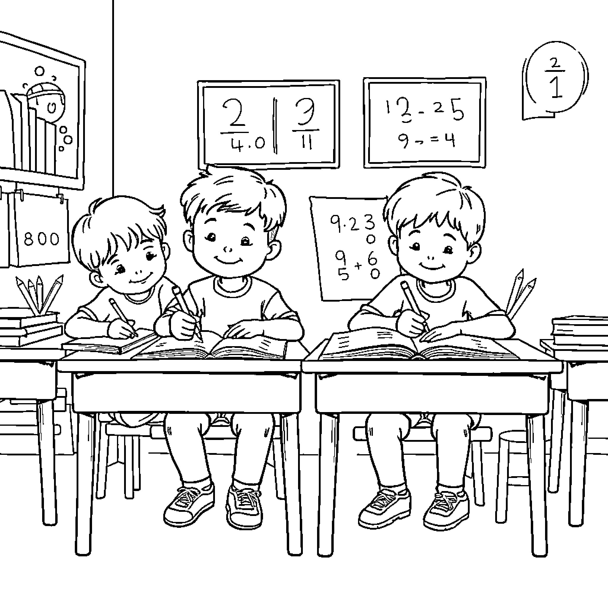 Kid's math class with fun classroom scenes Coloring Page (free black-and-white line drawing printable PDF for all, from beginners to advanced learners, including children, teens, adults, and seniors)