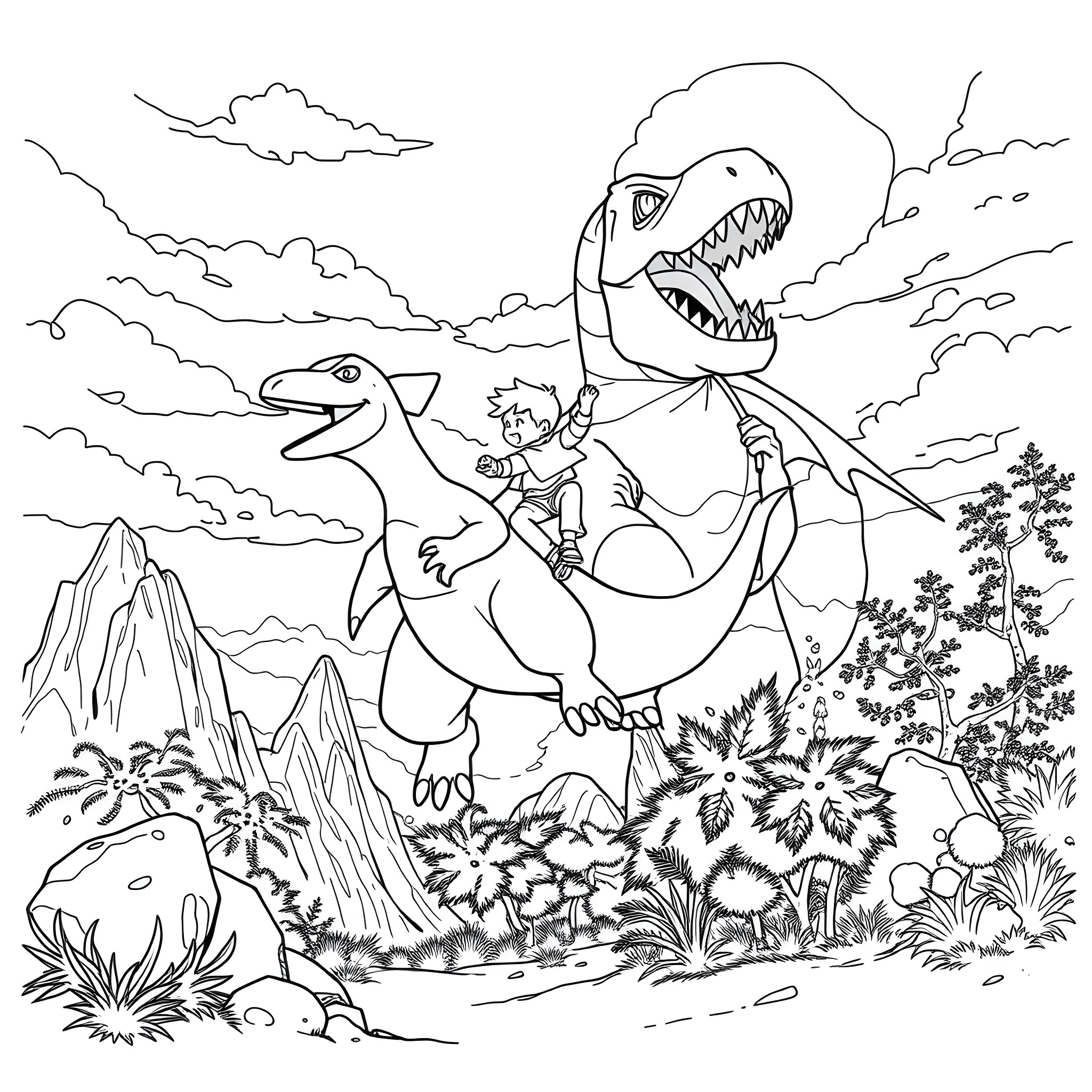 Boy riding a friendly dinosaur in a prehistoric landscape Coloring Page (free black-and-white line drawing printable PDF for all, from beginners to advanced learners, including children, teens, adults, and seniors)