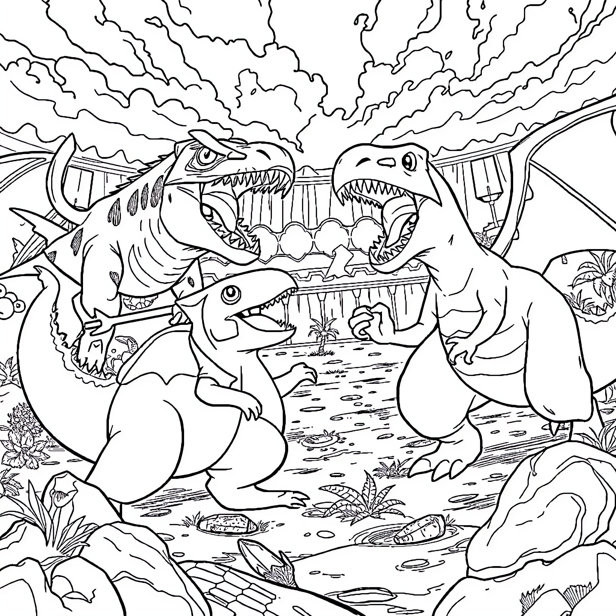 Pokémon Prehistoric Confrontation Coloring Page (free black-and-white line drawing printable PDF for all, from beginners to advanced learners, including children, teens, adults, and seniors)