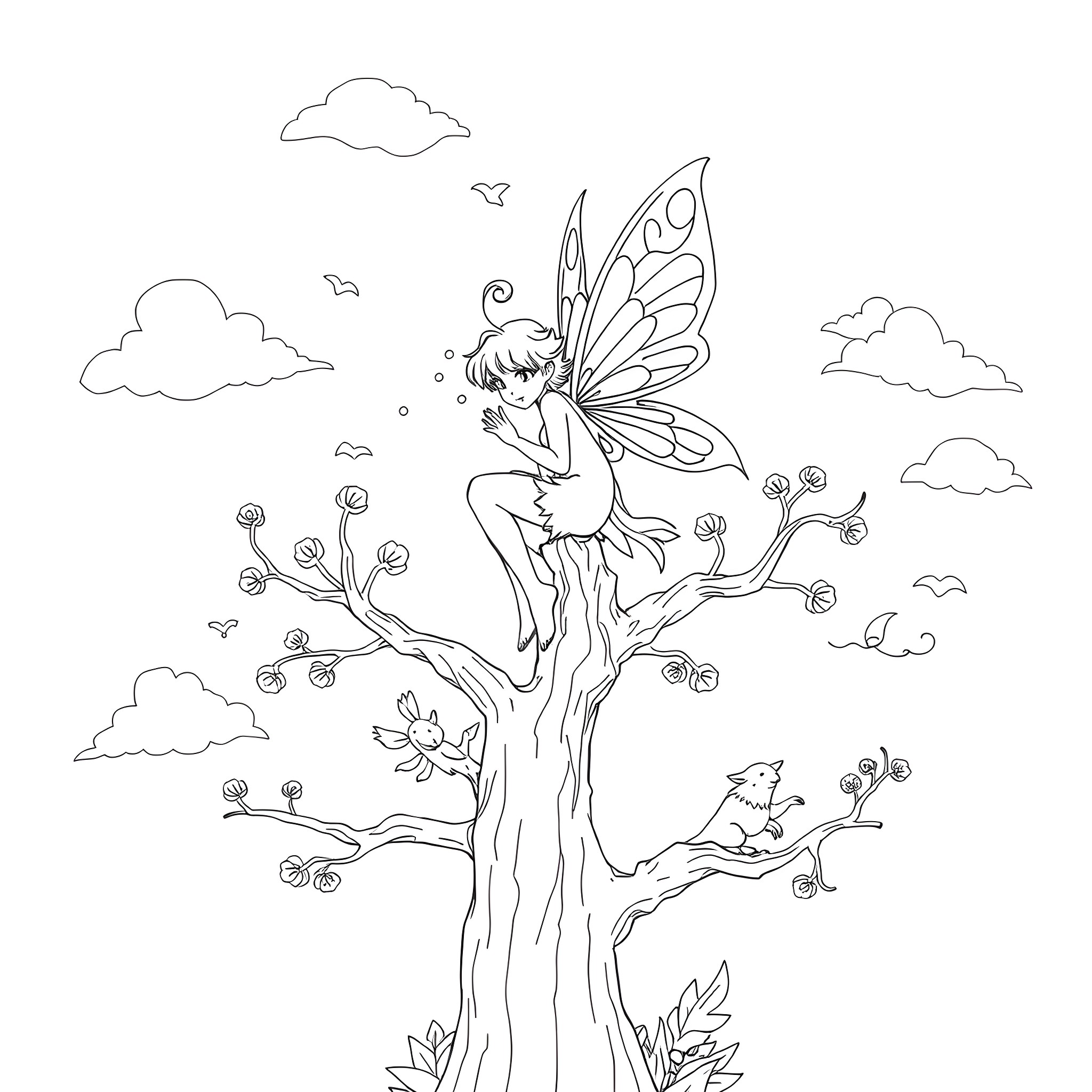 Silky Fairy Perched on a Whimsical Tree Coloring Page (free black-and-white line drawing printable PDF for all, from beginners to advanced learners, including children, teens, adults, and seniors)