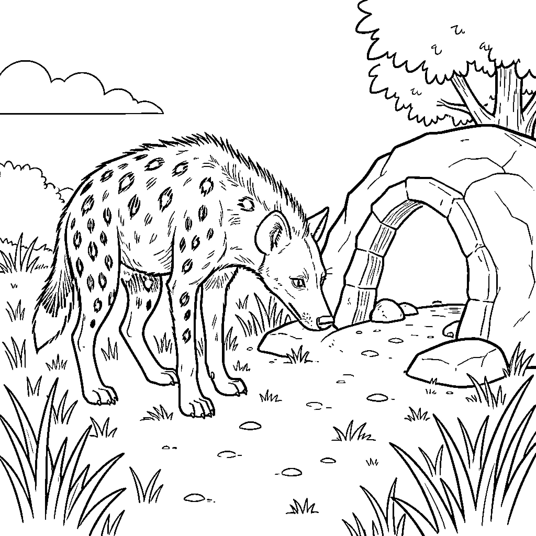 Hyena sniffing the ground in a natural setting Coloring Page (free black-and-white line drawing printable PDF for all, from beginners to advanced learners, including children, teens, adults, and seniors)