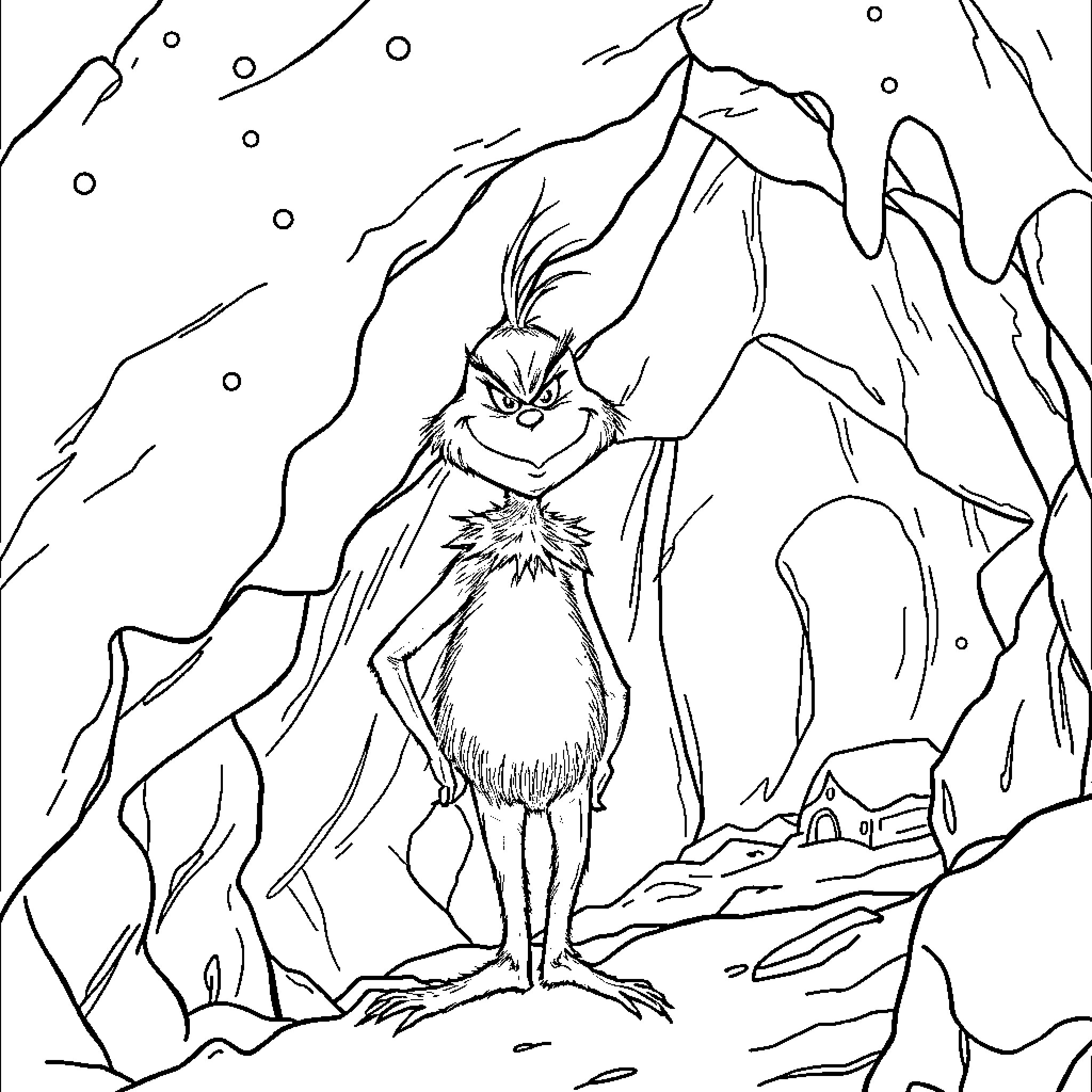 Grinch standing in snowy mountain scene Coloring Page (free black-and-white line drawing printable PDF for all, from beginners to advanced learners, including children, teens, adults, and seniors)