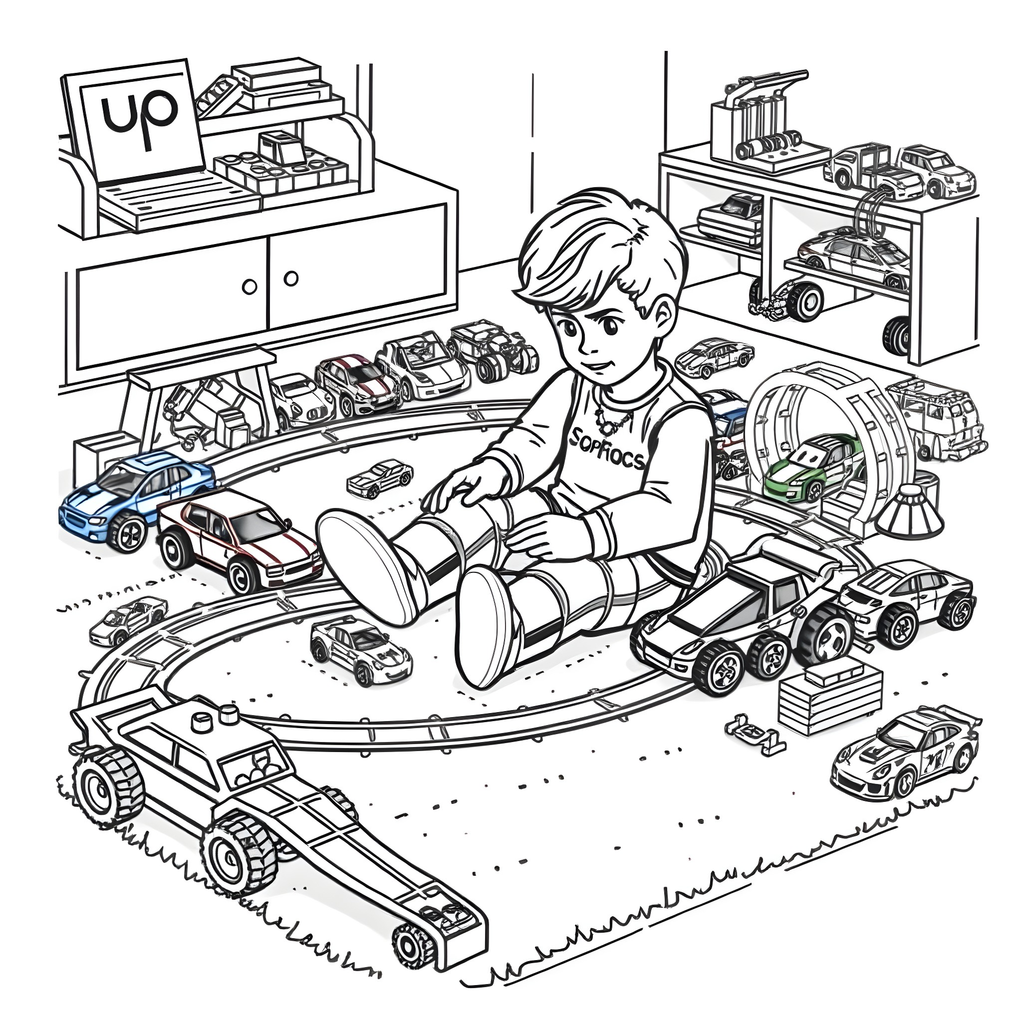Lando Norris playing with toy race cars in his room Coloring Page (free black-and-white line drawing printable PDF for all, from beginners to advanced learners, including children, teens, adults, and seniors)