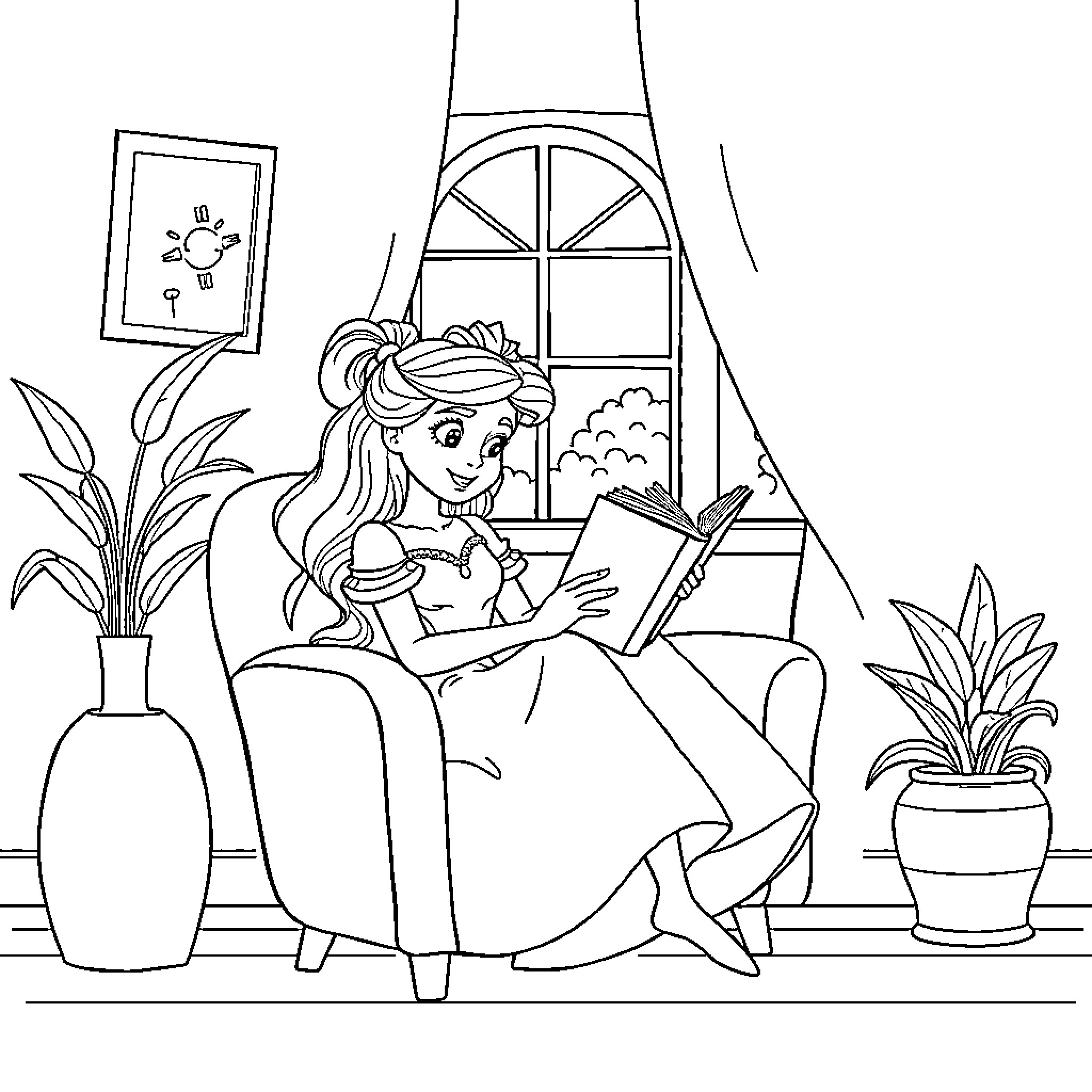 Princess Reading a Book in Cozy Home Coloring Page (free black-and-white line drawing printable PDF for all, from beginners to advanced learners, including children, teens, adults, and seniors)