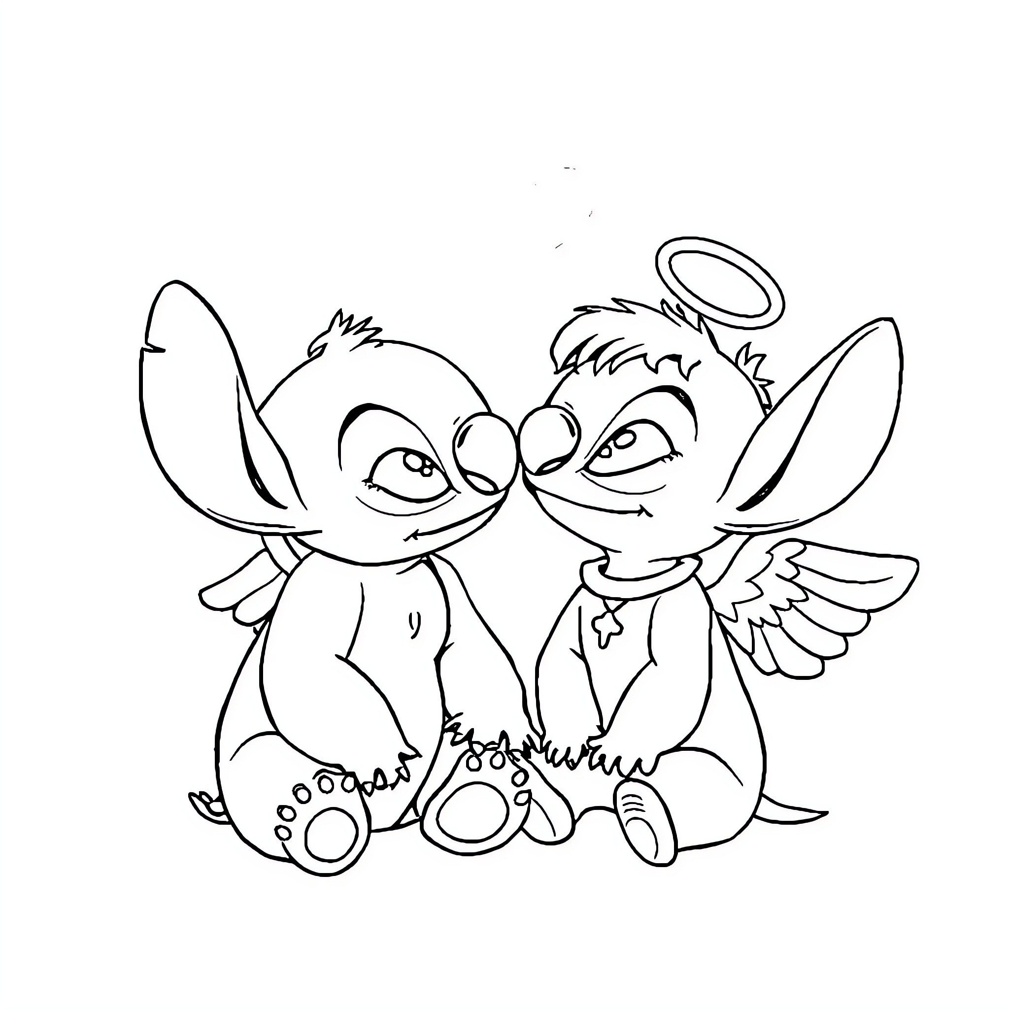 Stitch and Angel Embrace Coloring Page (free black-and-white line drawing printable PDF for all, from beginners to advanced learners, including children, teens, adults, and seniors)