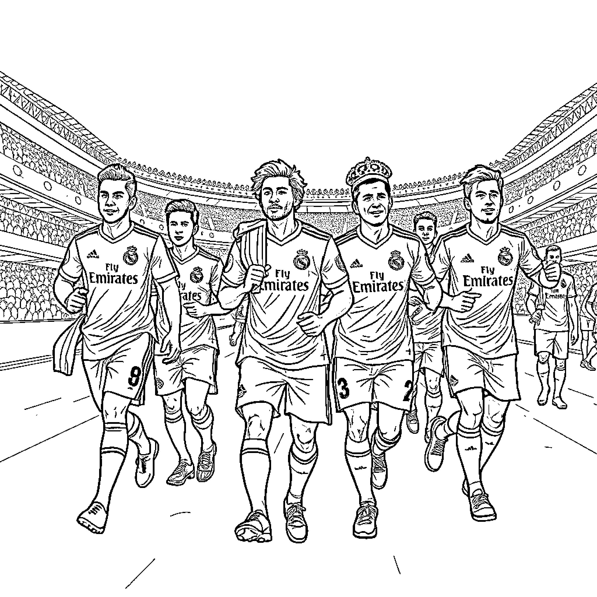 Real Madrid players walking onto the pitch Coloring Page (free black-and-white line drawing printable PDF for all, from beginners to advanced learners, including children, teens, adults, and seniors)