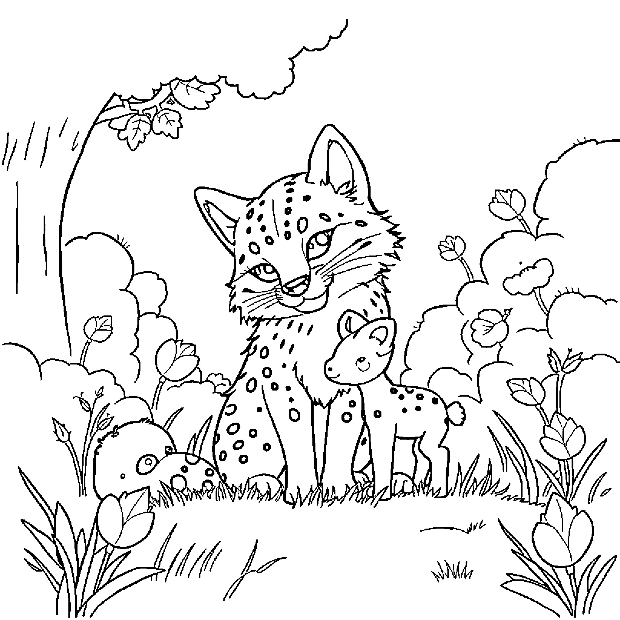Lobo the Spotted Cub Exploring the Vibrant Forest Coloring Page (free black-and-white line drawing printable PDF for all, from beginners to advanced learners, including children, teens, adults, and seniors)