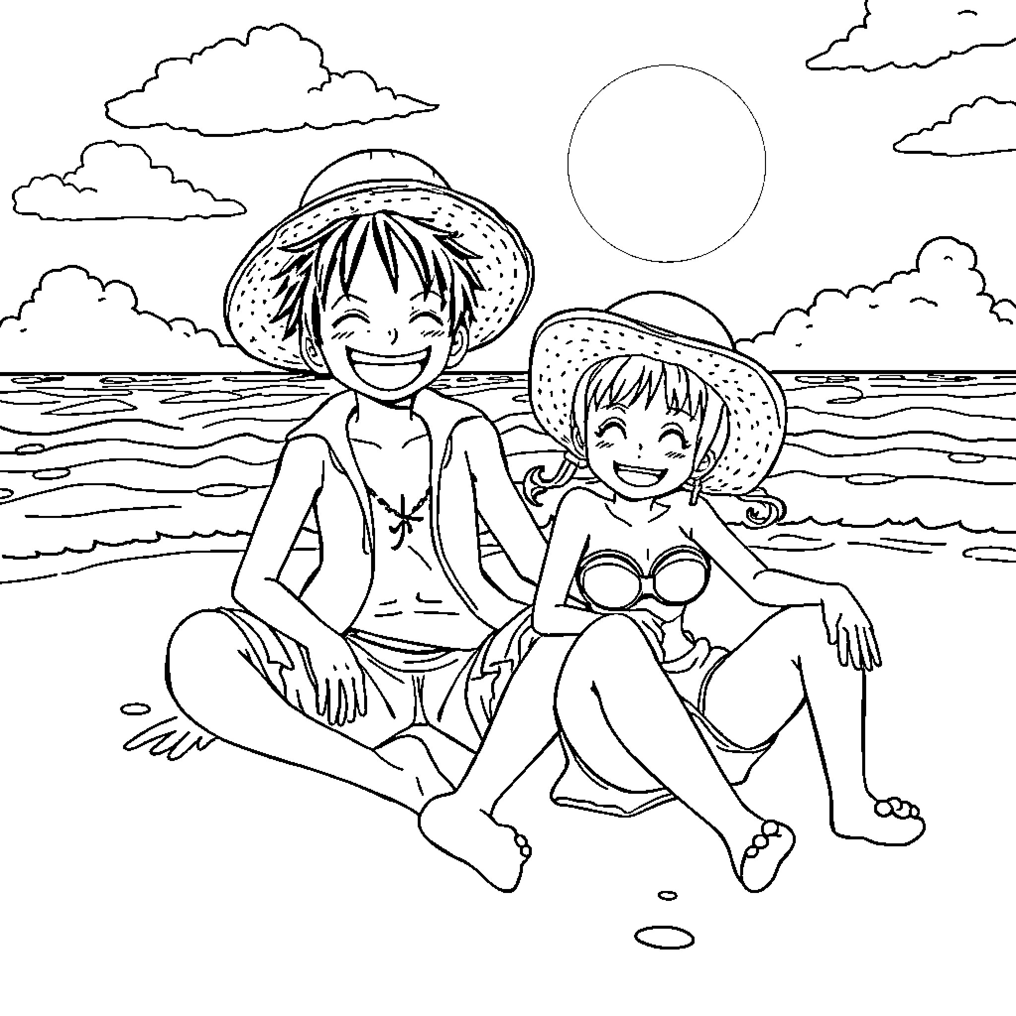 Luffy and Friend Enjoying Beach Fun Coloring Page (free black-and-white line drawing printable PDF for all, from beginners to advanced learners, including children, teens, adults, and seniors)