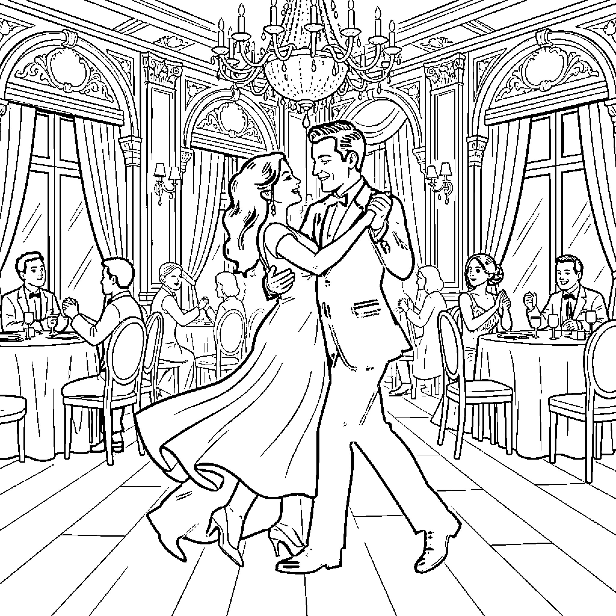Couple dancing elegantly in a grand ballroom Coloring Page (free black-and-white line drawing printable PDF for all, from beginners to advanced learners, including children, teens, adults, and seniors)
