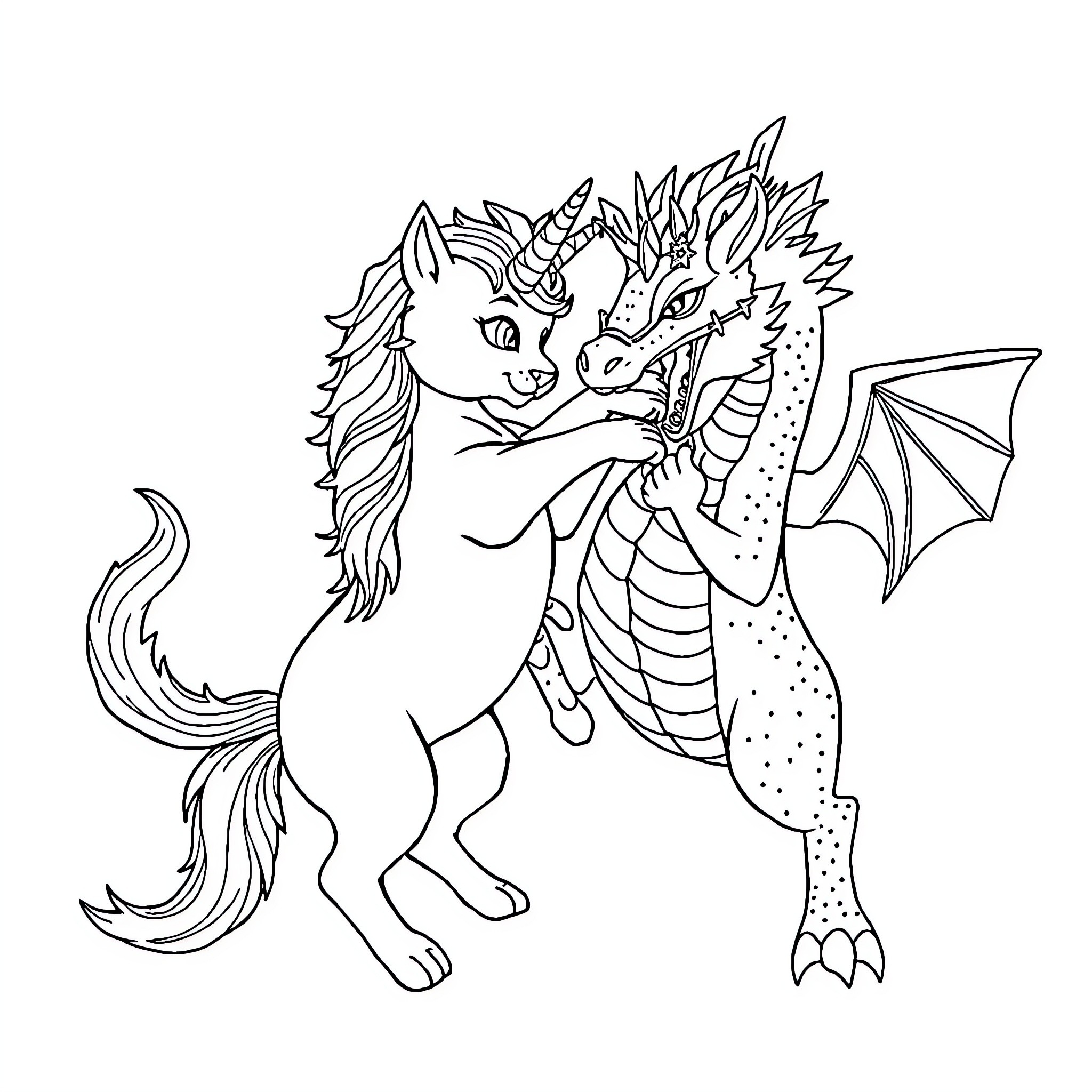 Unicorncat and dragon friends playing together Coloring Page (free black-and-white line drawing printable PDF for all, from beginners to advanced learners, including children, teens, adults, and seniors)