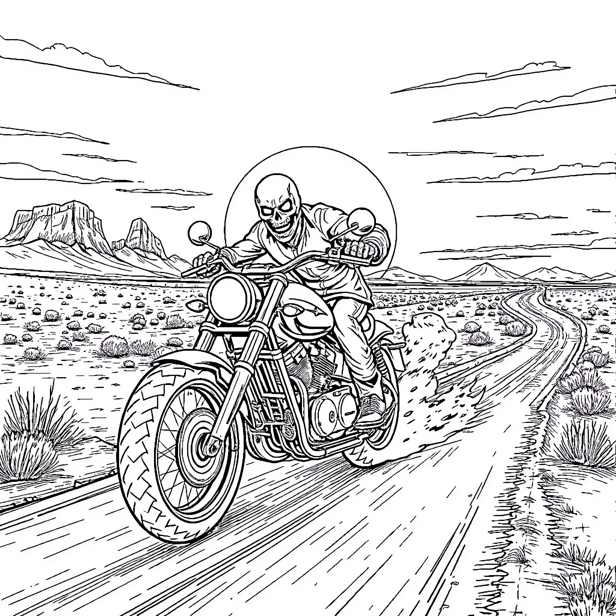 Ghost Rider Speeds Through Desolate Desert Landscape Coloring Page (free black-and-white line drawing printable PDF for all, from beginners to advanced learners, including children, teens, adults, and seniors)