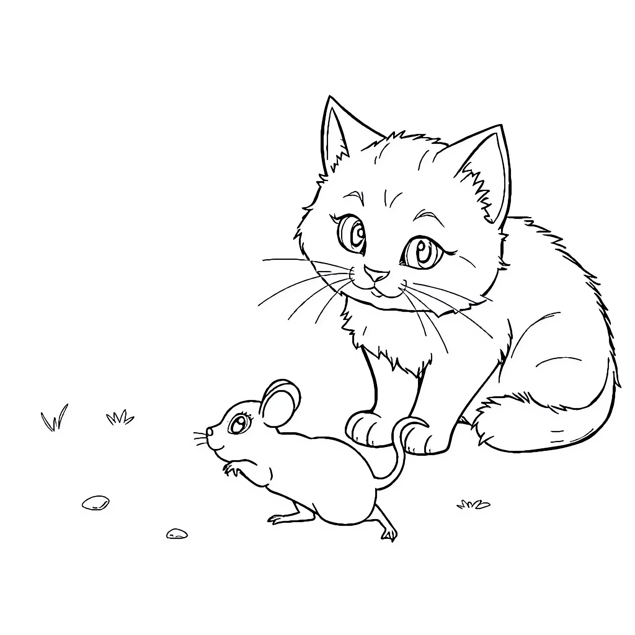 Mouse scurrying while cat watches intently Coloring Page (free black-and-white line drawing printable PDF for all, from beginners to advanced learners, including children, teens, adults, and seniors)
