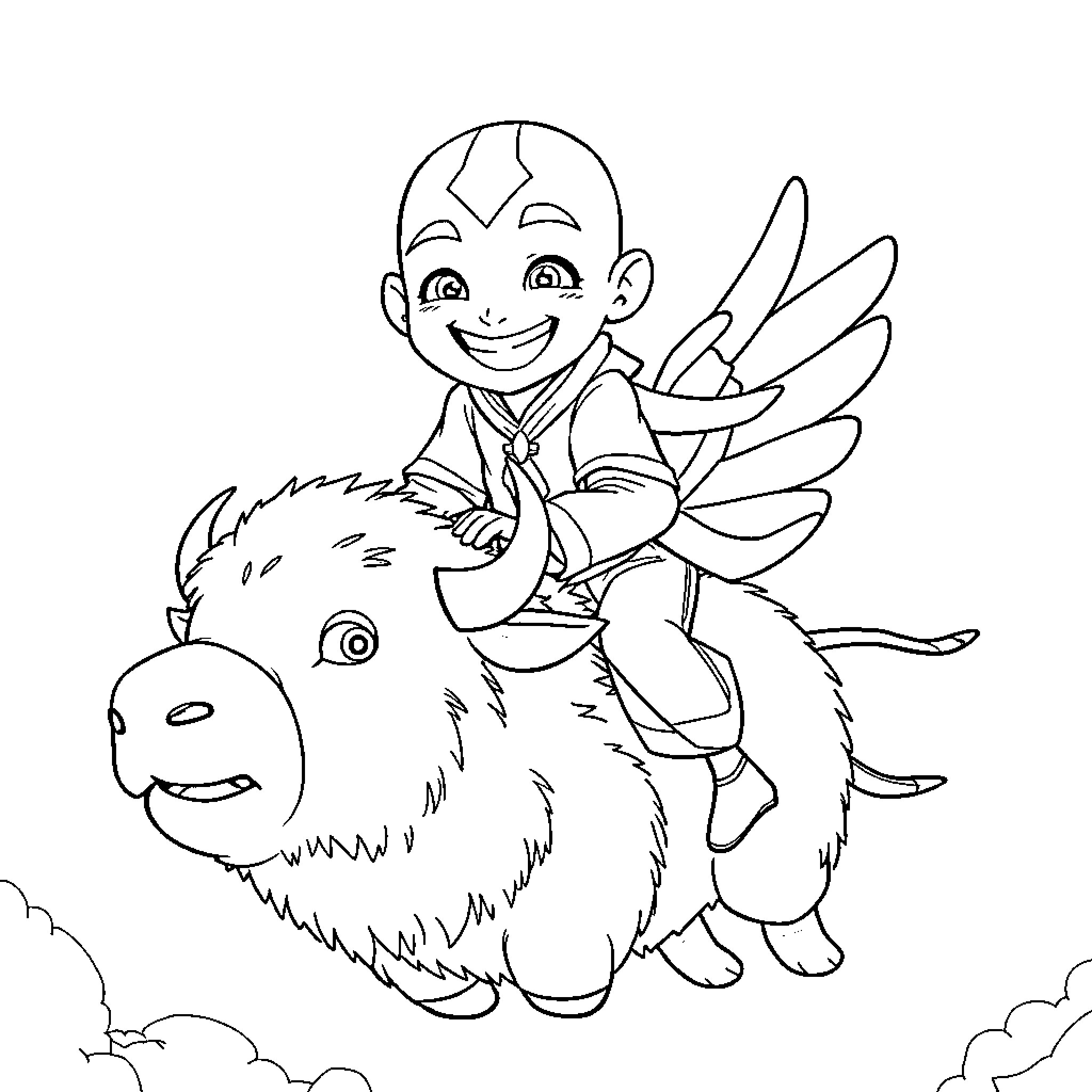Aang riding a fuzzy sky bison Coloring Page (free black-and-white line drawing printable PDF for all, from beginners to advanced learners, including children, teens, adults, and seniors)