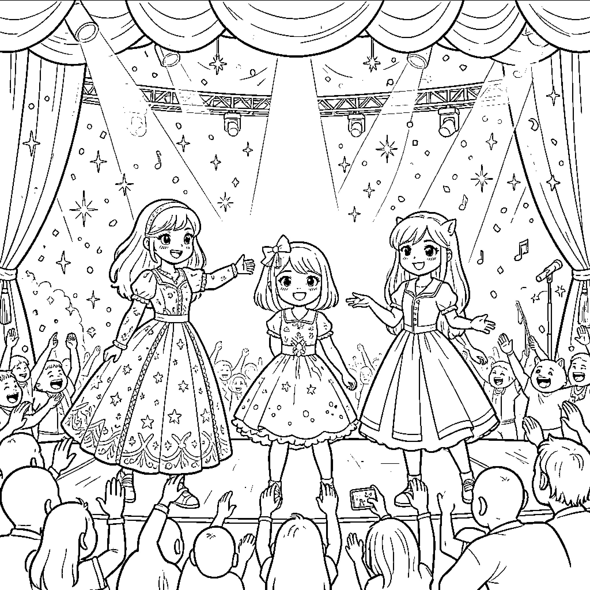 Mira's Magical Stage Performance with Friends Coloring Page (free black-and-white line drawing printable PDF for all, from beginners to advanced learners, including children, teens, adults, and seniors)