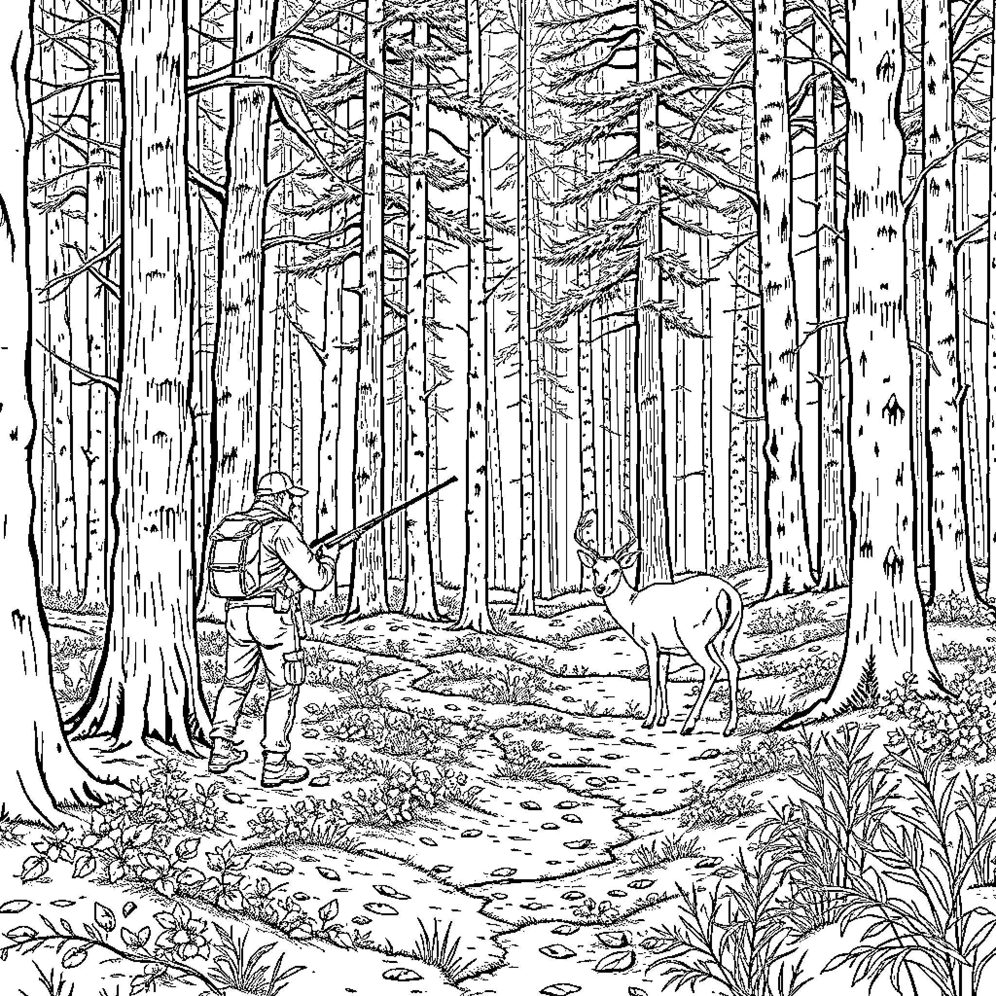 Deer roaming peacefully in the forest Coloring Page (free black-and-white line drawing printable PDF for all, from beginners to advanced learners, including children, teens, adults, and seniors)