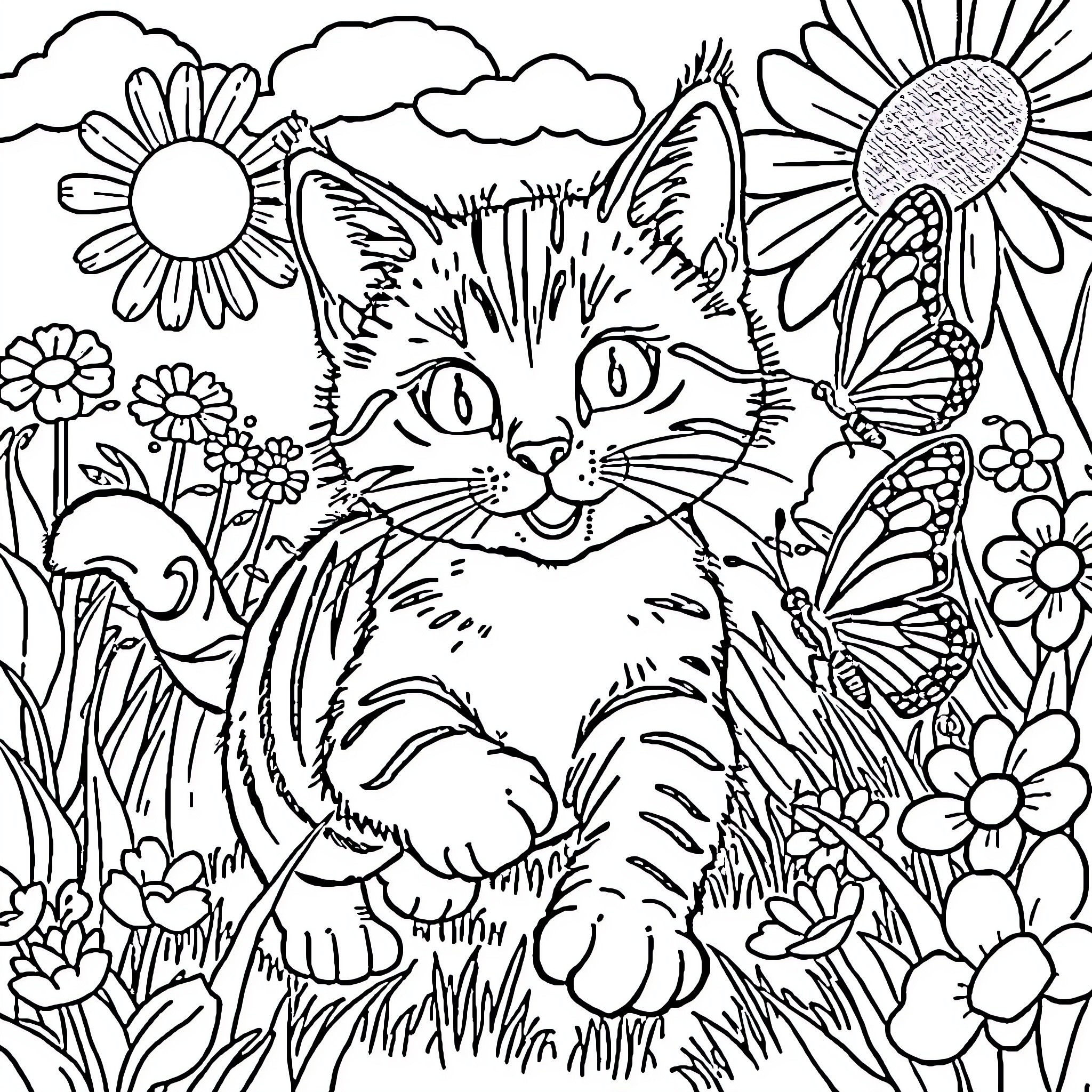 Cat in a Flower Garden Coloring Page (free black-and-white line drawing printable PDF for all, from beginners to advanced learners, including children, teens, adults, and seniors)