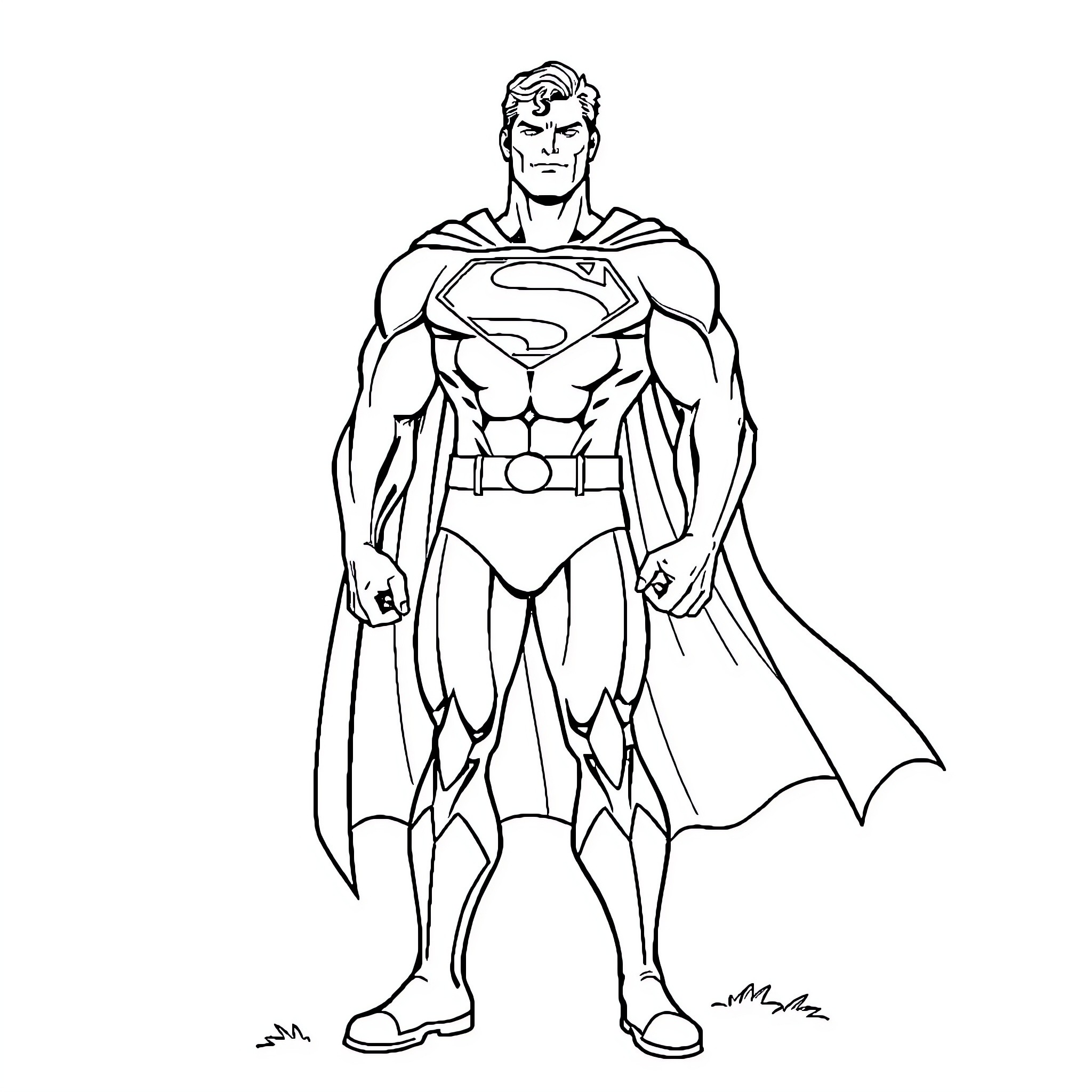 Superman heroically standing tall in his iconic costume Coloring Page (free black-and-white line drawing printable PDF for all, from beginners to advanced learners, including children, teens, adults, and seniors)