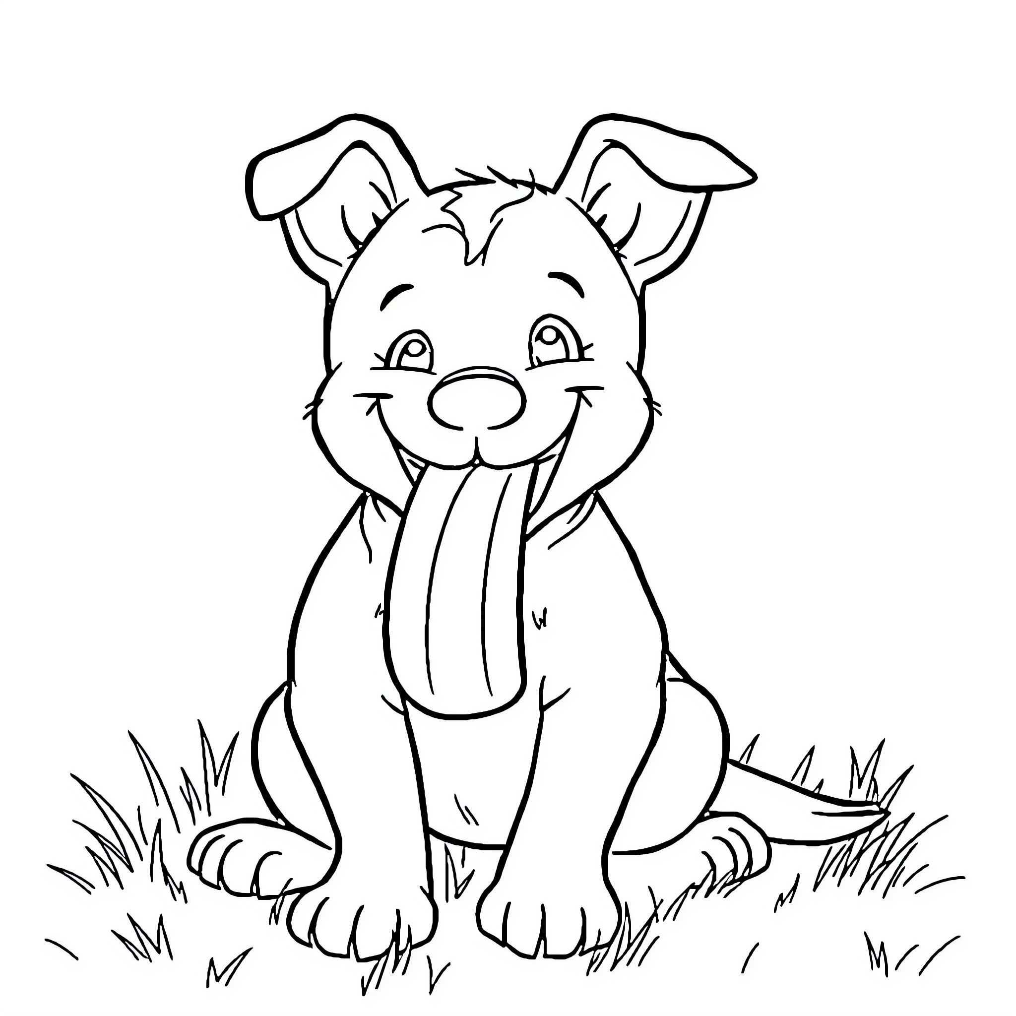 Dog sitting happily in the grass Coloring Page (free black-and-white line drawing printable PDF for all, from beginners to advanced learners, including children, teens, adults, and seniors)