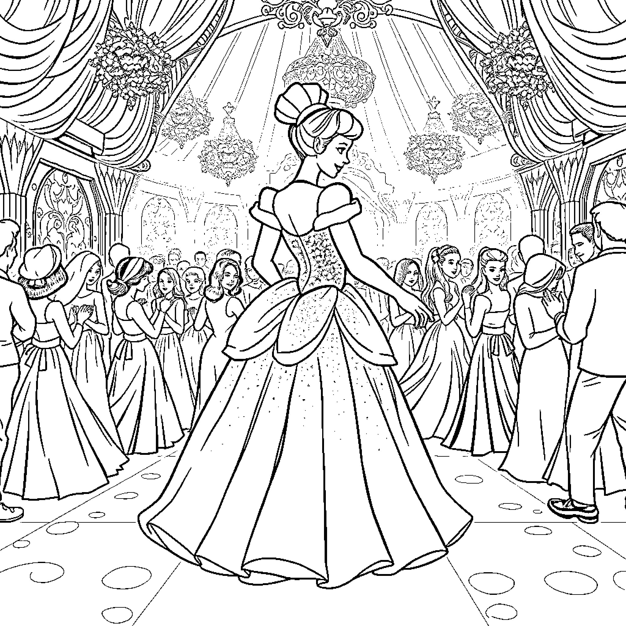 Cinderella's Enchanting Ballroom Debut Coloring Page (free black-and-white line drawing printable PDF for all, from beginners to advanced learners, including children, teens, adults, and seniors)