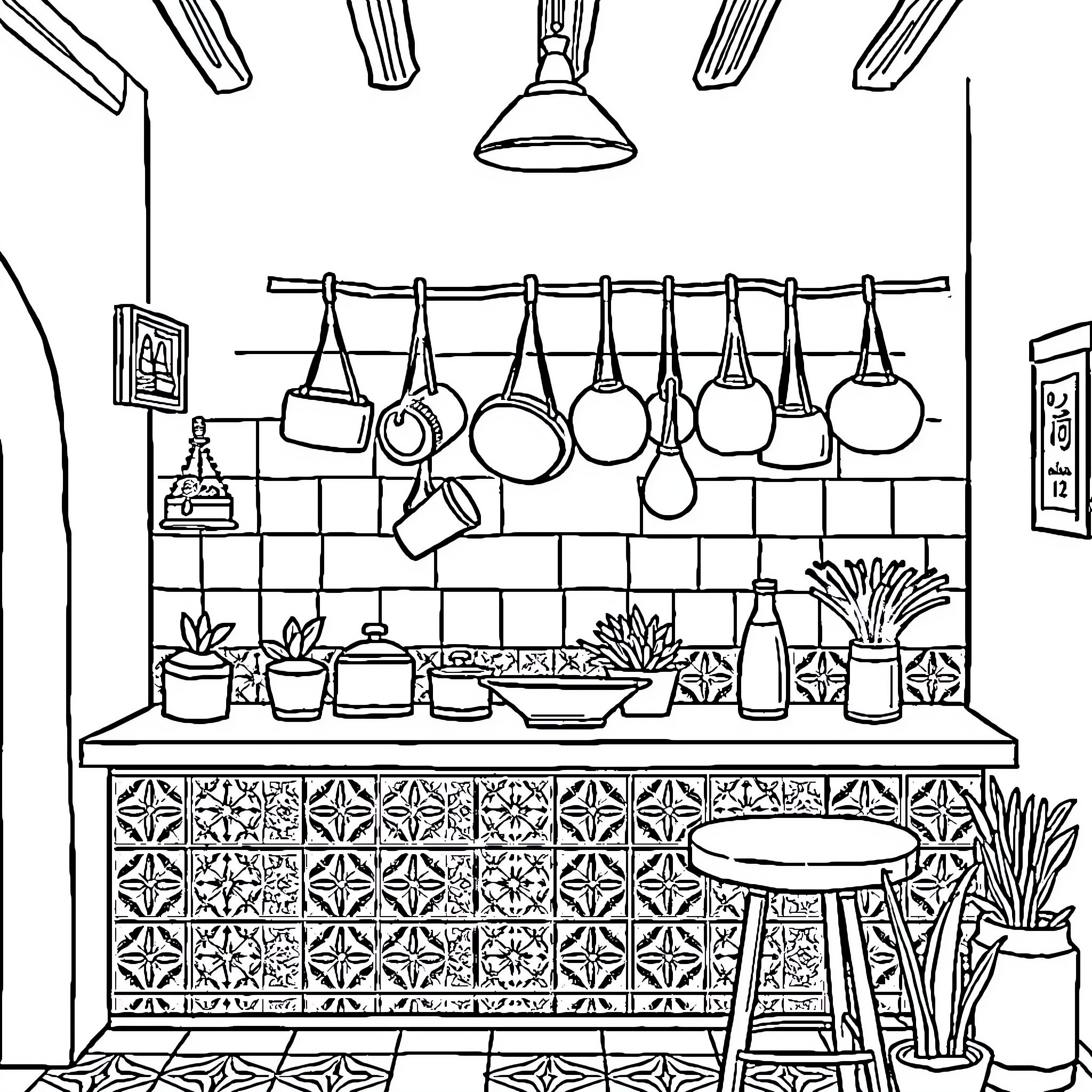 Kitchen scene with cooking utensils and decor Coloring Page (free black-and-white line drawing printable PDF for all, from beginners to advanced learners, including children, teens, adults, and seniors)