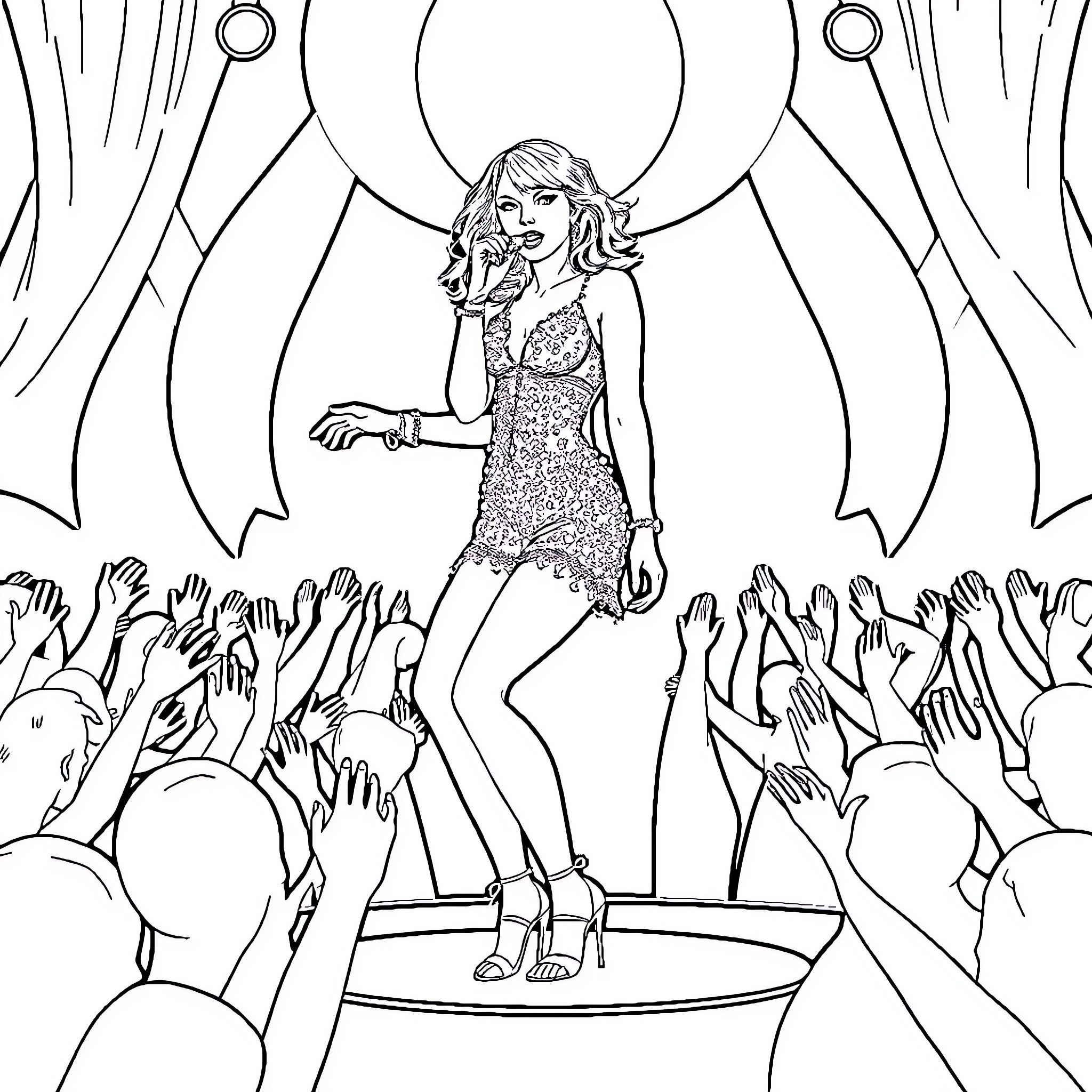 Taylor Swift performing on stage with a crowd Coloring Page (free black-and-white line drawing printable PDF for all, from beginners to advanced learners, including children, teens, adults, and seniors)
