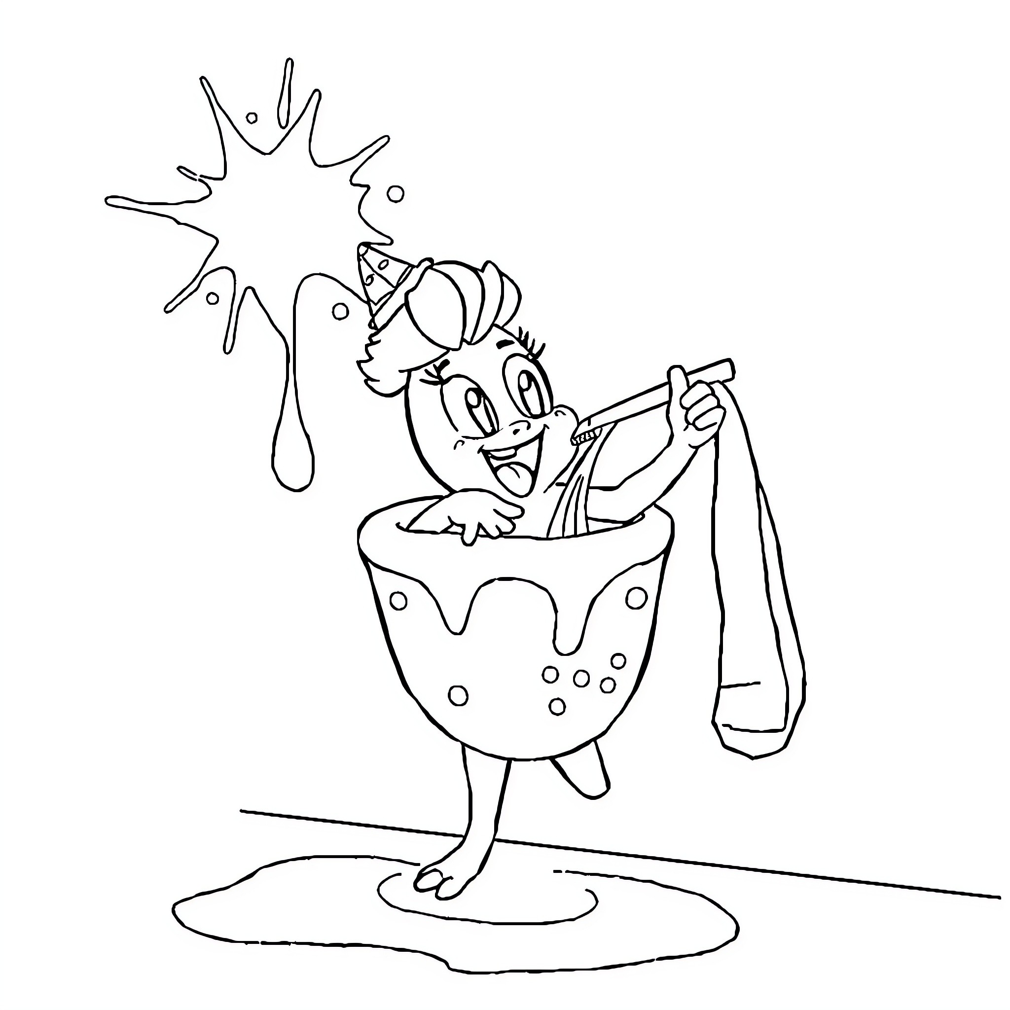 Batgirl having fun in a splashing bowl Coloring Page (free black-and-white line drawing printable PDF for all, from beginners to advanced learners, including children, teens, adults, and seniors)