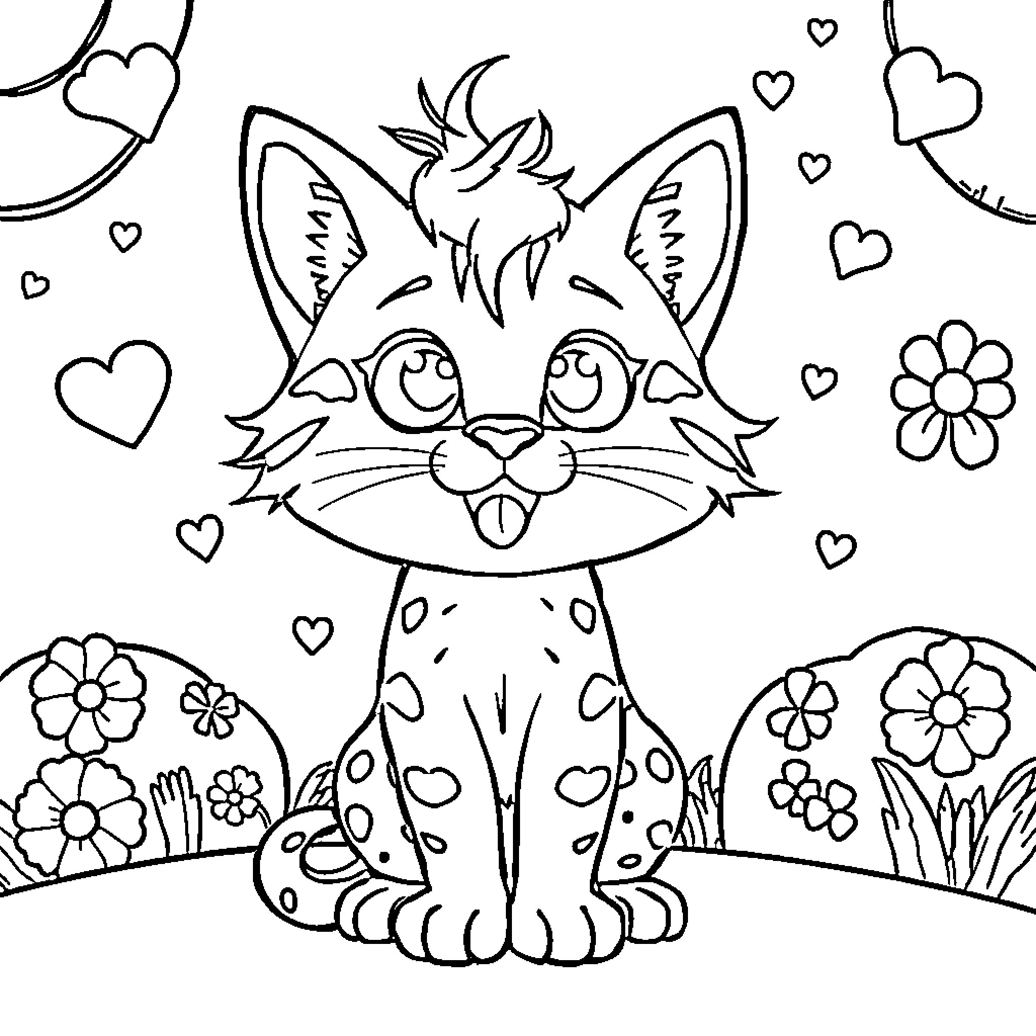 Pikatv Playful Kitty in Floral Garden Coloring Page (free black-and-white line drawing printable PDF for all, from beginners to advanced learners, including children, teens, adults, and seniors)
