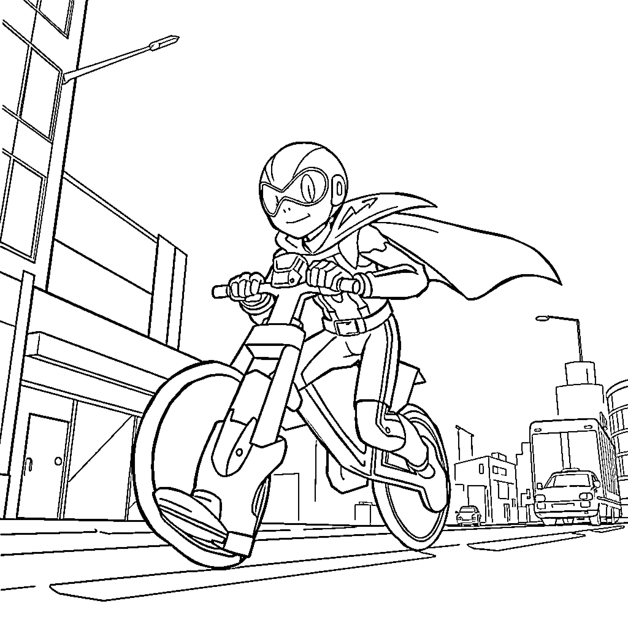 Speederman speeding through the city on his motorcycle Coloring Page (free black-and-white line drawing printable PDF for all, from beginners to advanced learners, including children, teens, adults, and seniors)