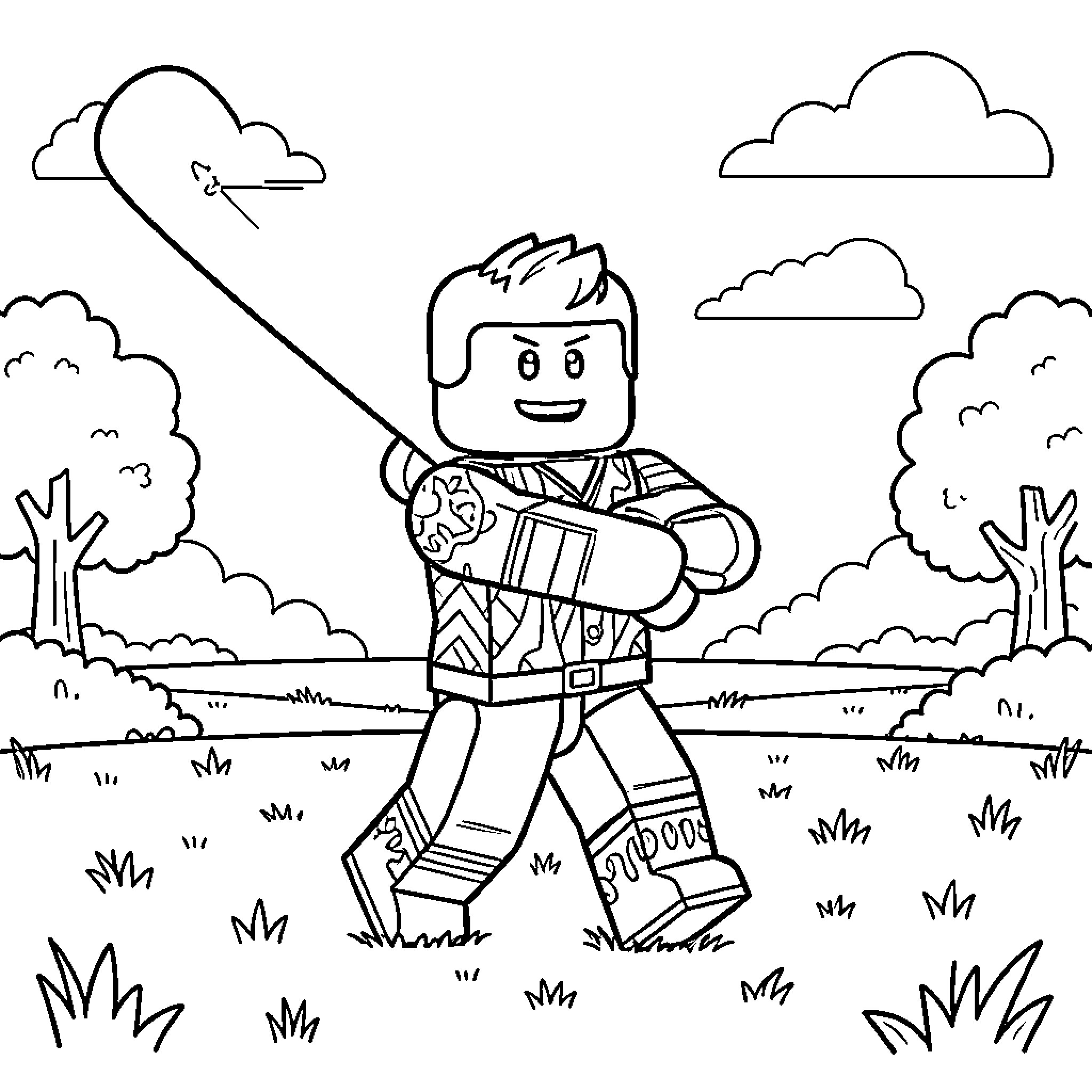 Roblox Character outdoors with sword Coloring Page (free black-and-white line drawing printable PDF for all, from beginners to advanced learners, including children, teens, adults, and seniors)