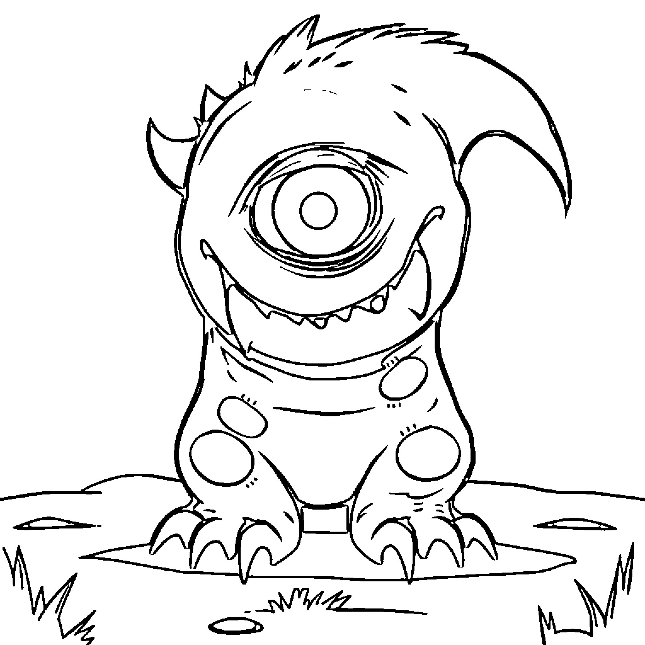 Monster with a large eye crouching on the ground Coloring Page (free black-and-white line drawing printable PDF for all, from beginners to advanced learners, including children, teens, adults, and seniors)