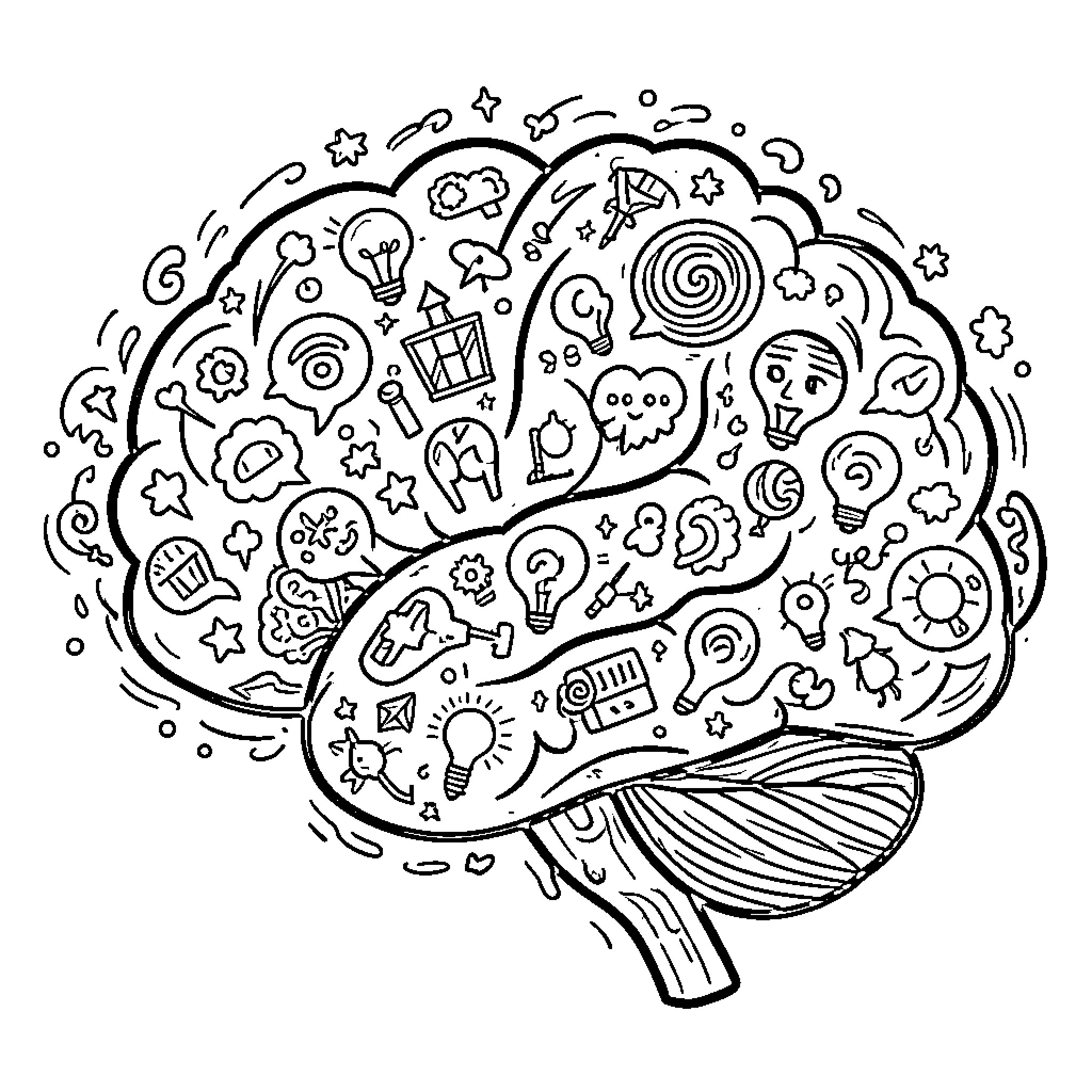 Brainrot: Whimsical Mind's Journey Coloring Page (free black-and-white line drawing printable PDF for all, from beginners to advanced learners, including children, teens, adults, and seniors)