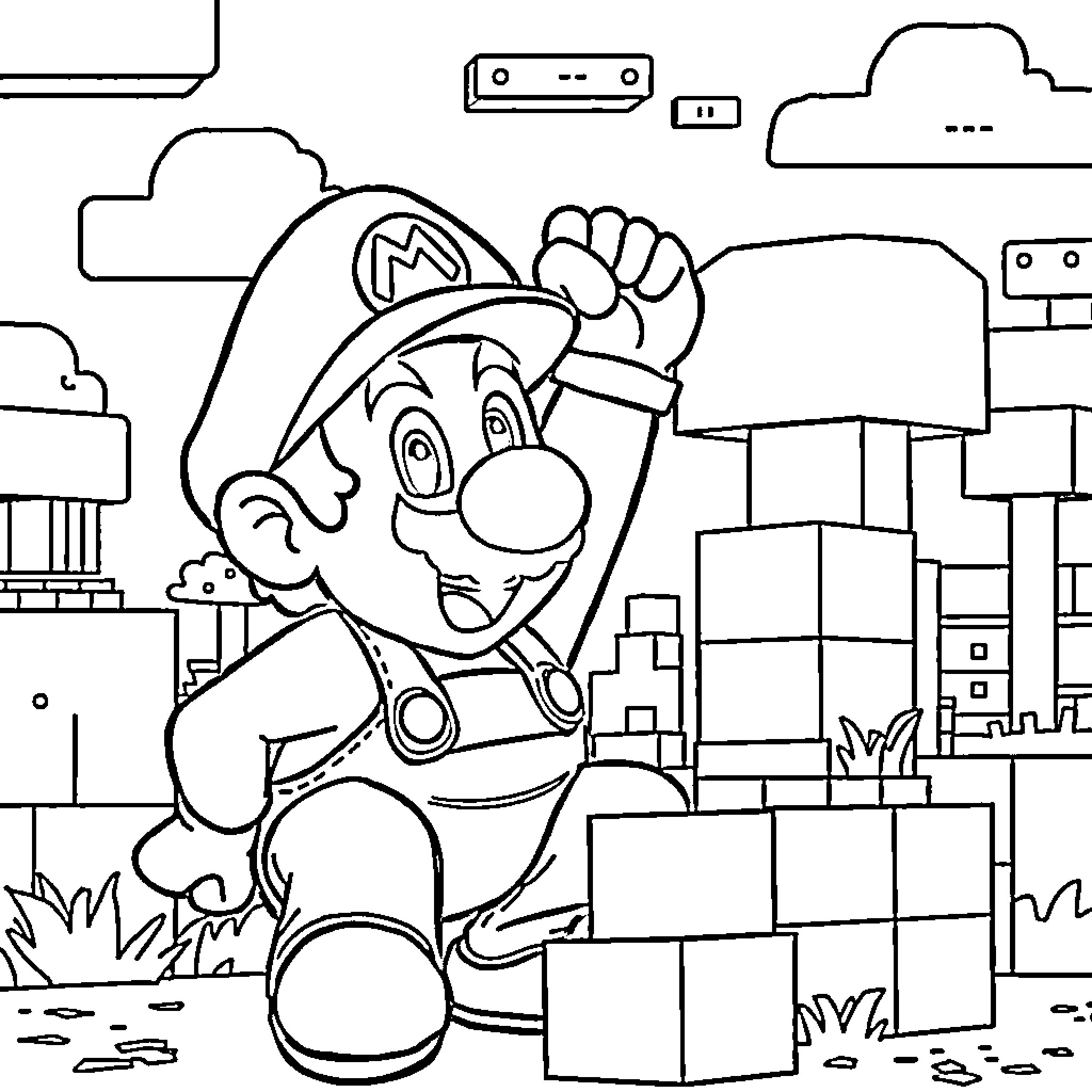 Mario in Animated City Adventure Coloring Page (free black-and-white line drawing printable PDF for all, from beginners to advanced learners, including children, teens, adults, and seniors)