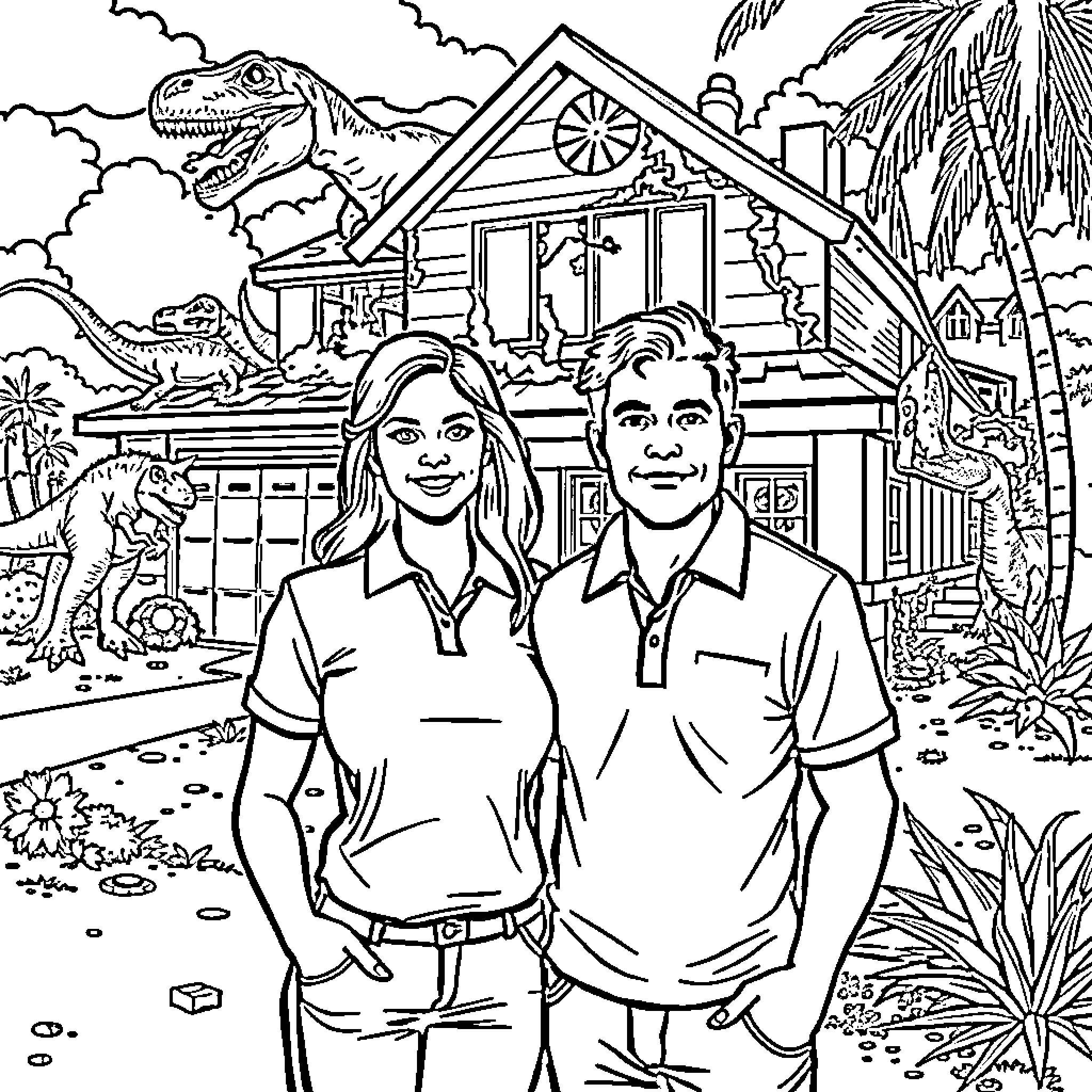 Man and woman pose in front of cabin with dinosaurs Coloring Page (free black-and-white line drawing printable PDF for all, from beginners to advanced learners, including children, teens, adults, and seniors)