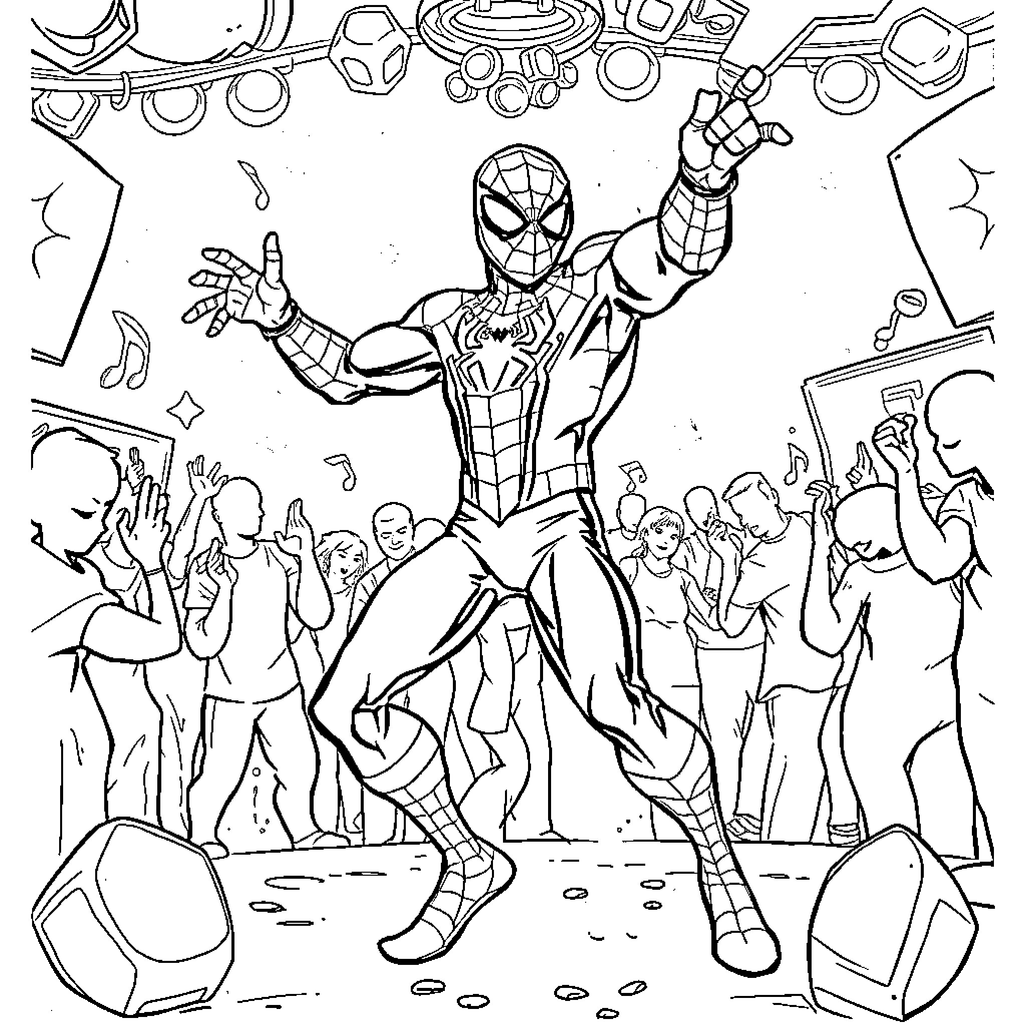 Spiderman saving the day with bystanders Coloring Page (free black-and-white line drawing printable PDF for all, from beginners to advanced learners, including children, teens, adults, and seniors)