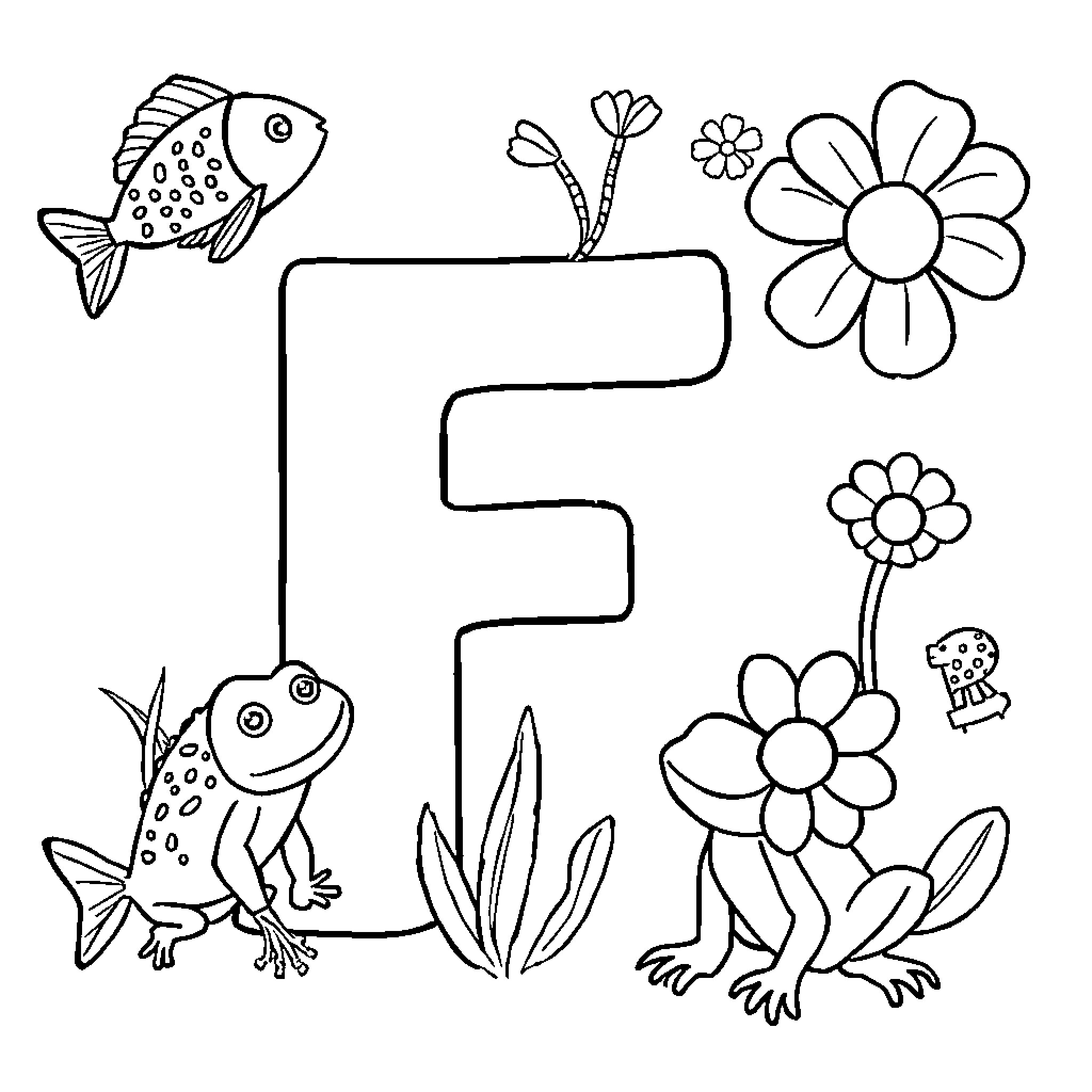 Letter F with playful animals and flowers Coloring Page (free black-and-white line drawing printable PDF for all, from beginners to advanced learners, including children, teens, adults, and seniors)