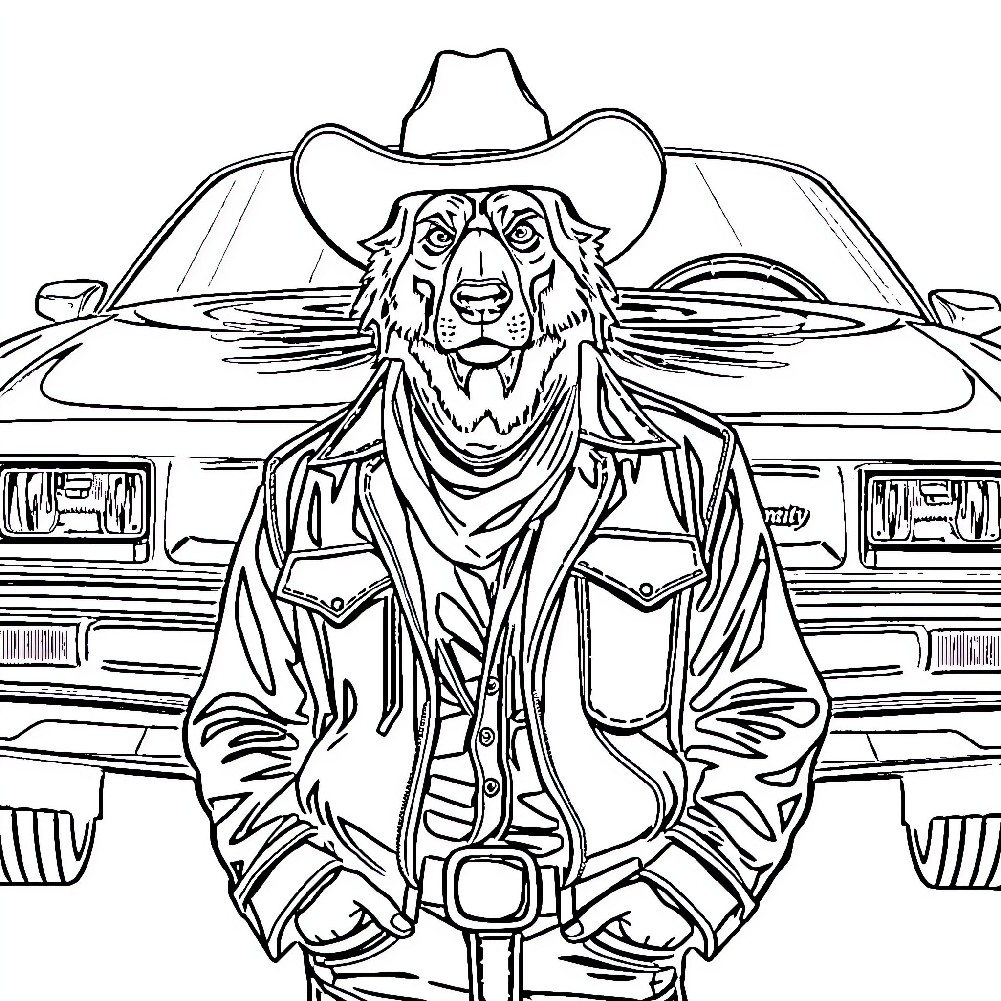 Bandit bear in cowboy attire with vintage truck Coloring Page (free black-and-white line drawing printable PDF for all, from beginners to advanced learners, including children, teens, adults, and seniors)