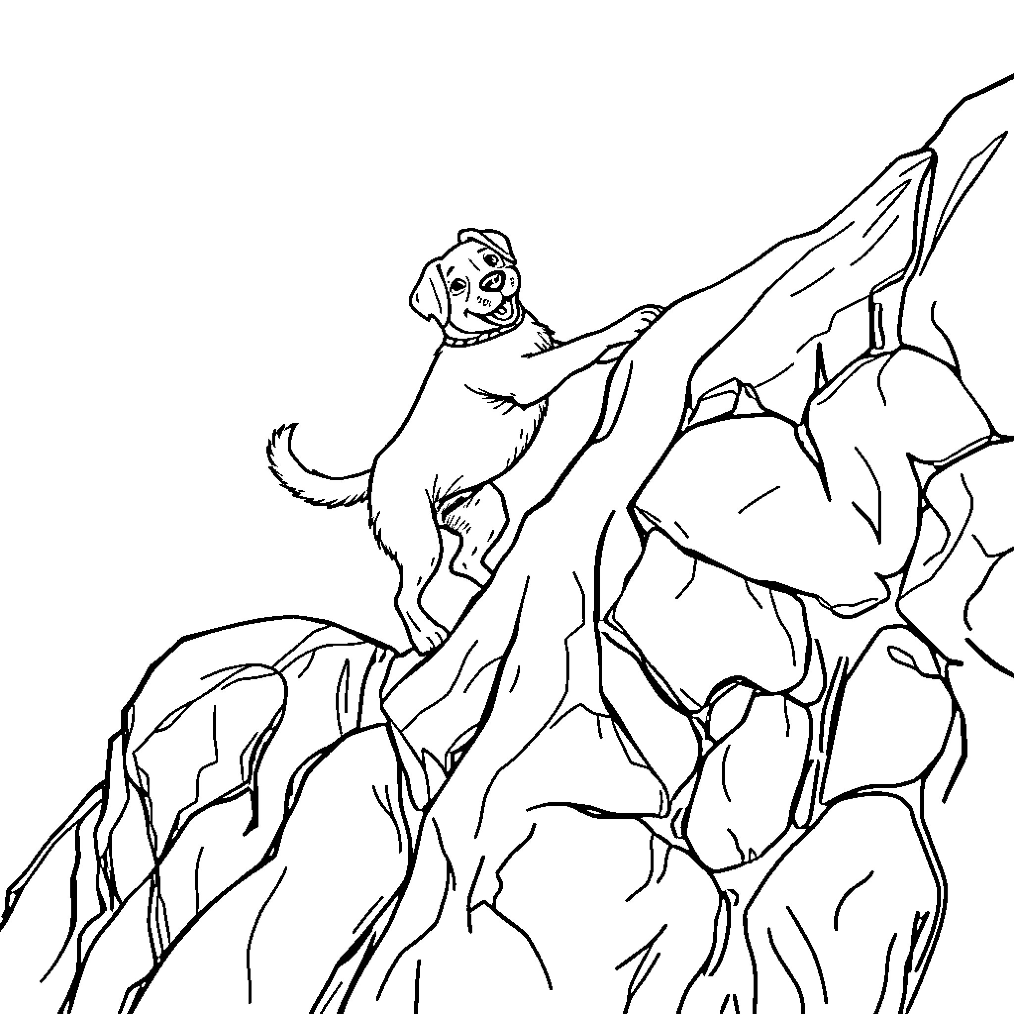 Dog climbing rocky mountain terrain Coloring Page (free black-and-white line drawing printable PDF for all, from beginners to advanced learners, including children, teens, adults, and seniors)