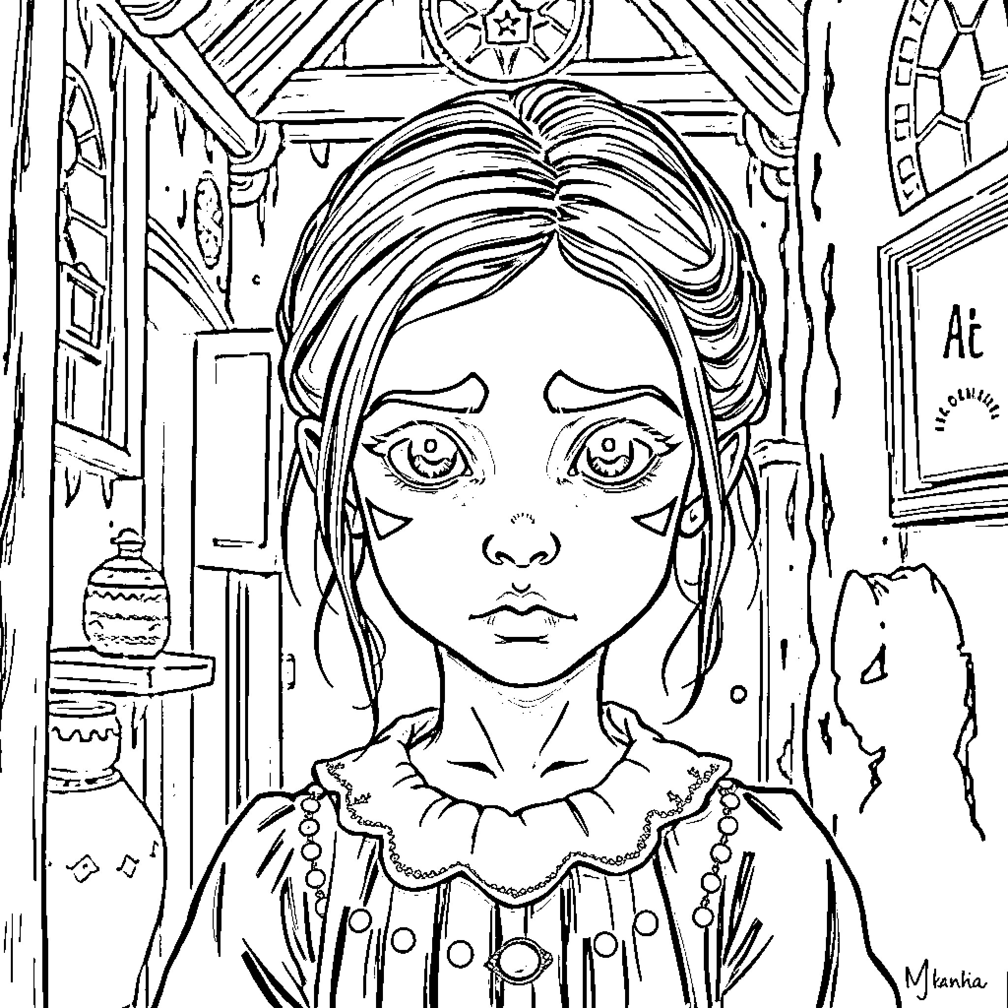 Wednesday's Introspective Moment in a Whimsical Setting Coloring Page (free black-and-white line drawing printable PDF for all, from beginners to advanced learners, including children, teens, adults, and seniors)