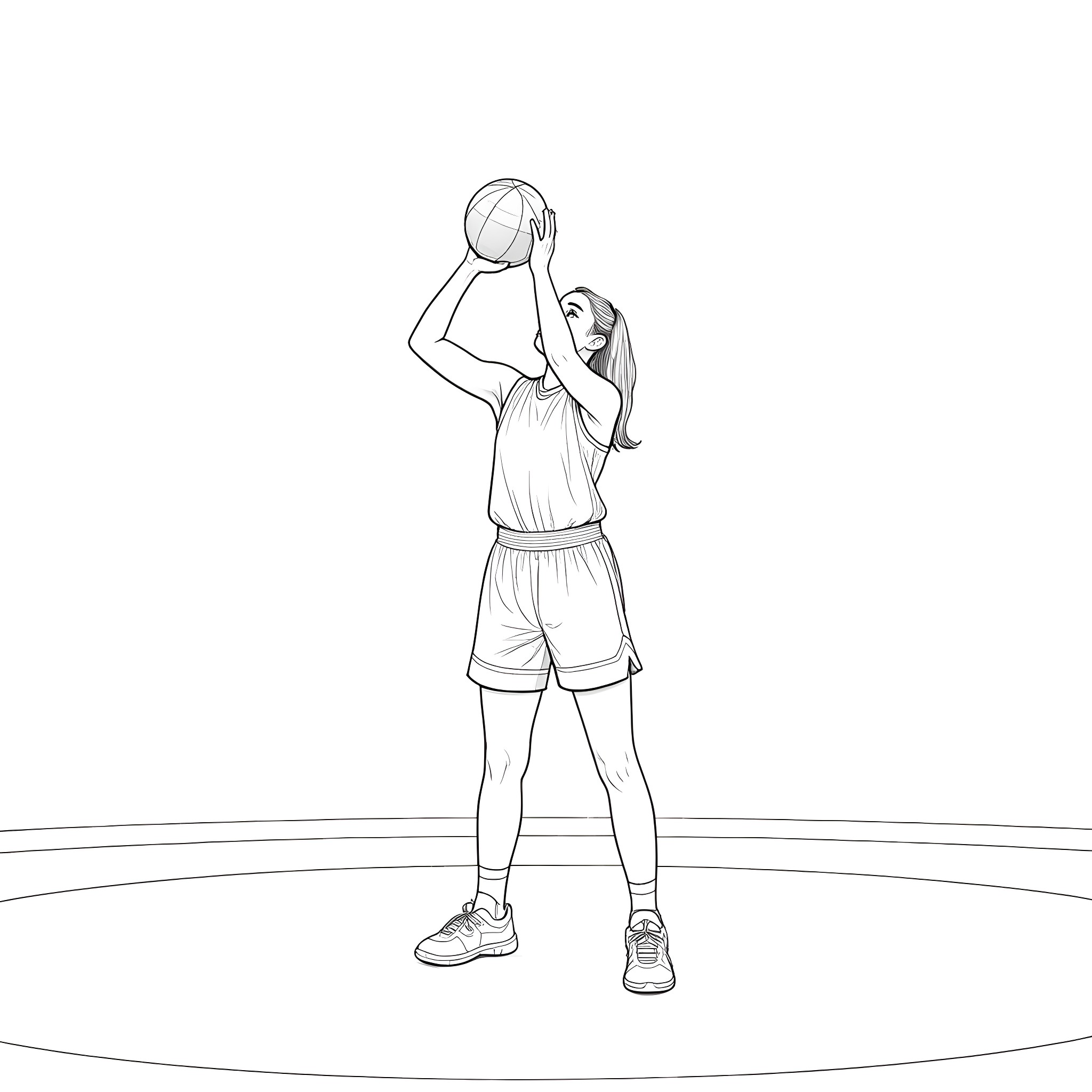 Caitlin Clark playing basketball Coloring Page (free black-and-white line drawing printable PDF for all, from beginners to advanced learners, including children, teens, adults, and seniors)